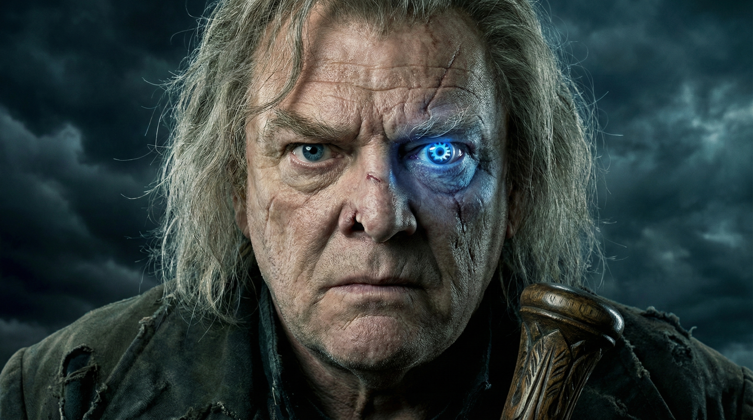 Close-up of Alastor "Mad-Eye" Moody showing his magical eye, scars, and wooden leg