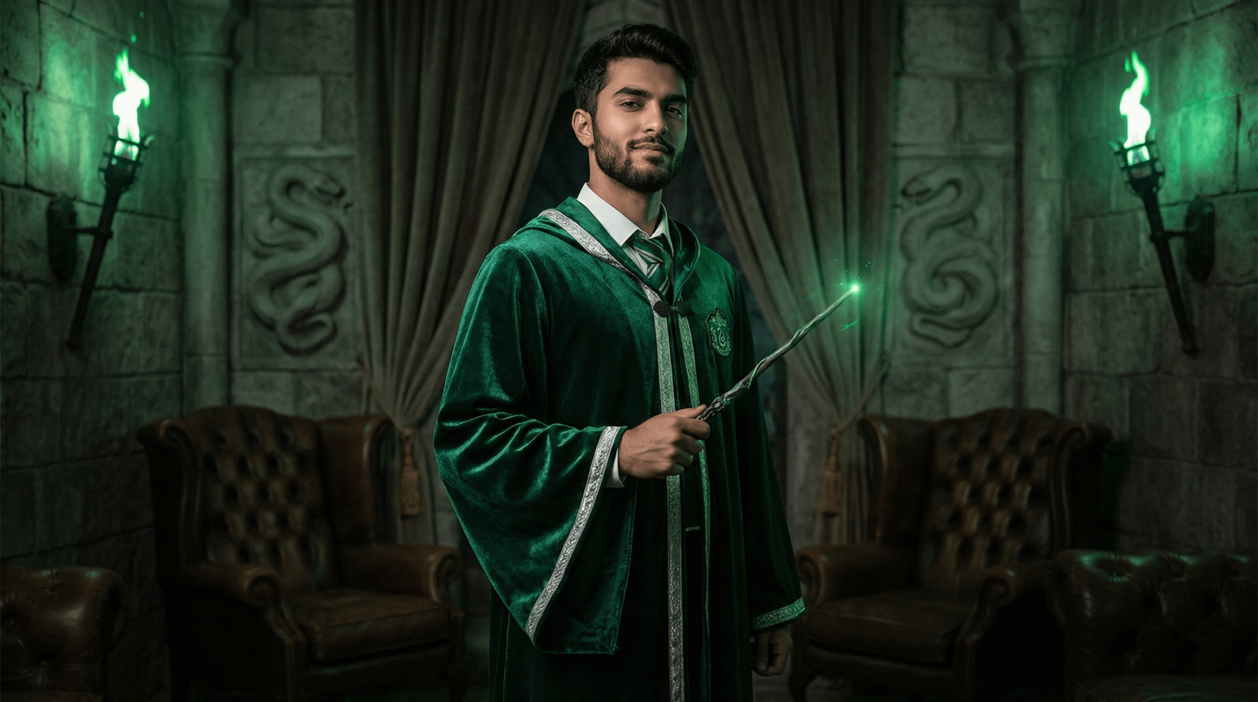 Merlin as a young Slytherin student at Hogwarts in wizarding canon
