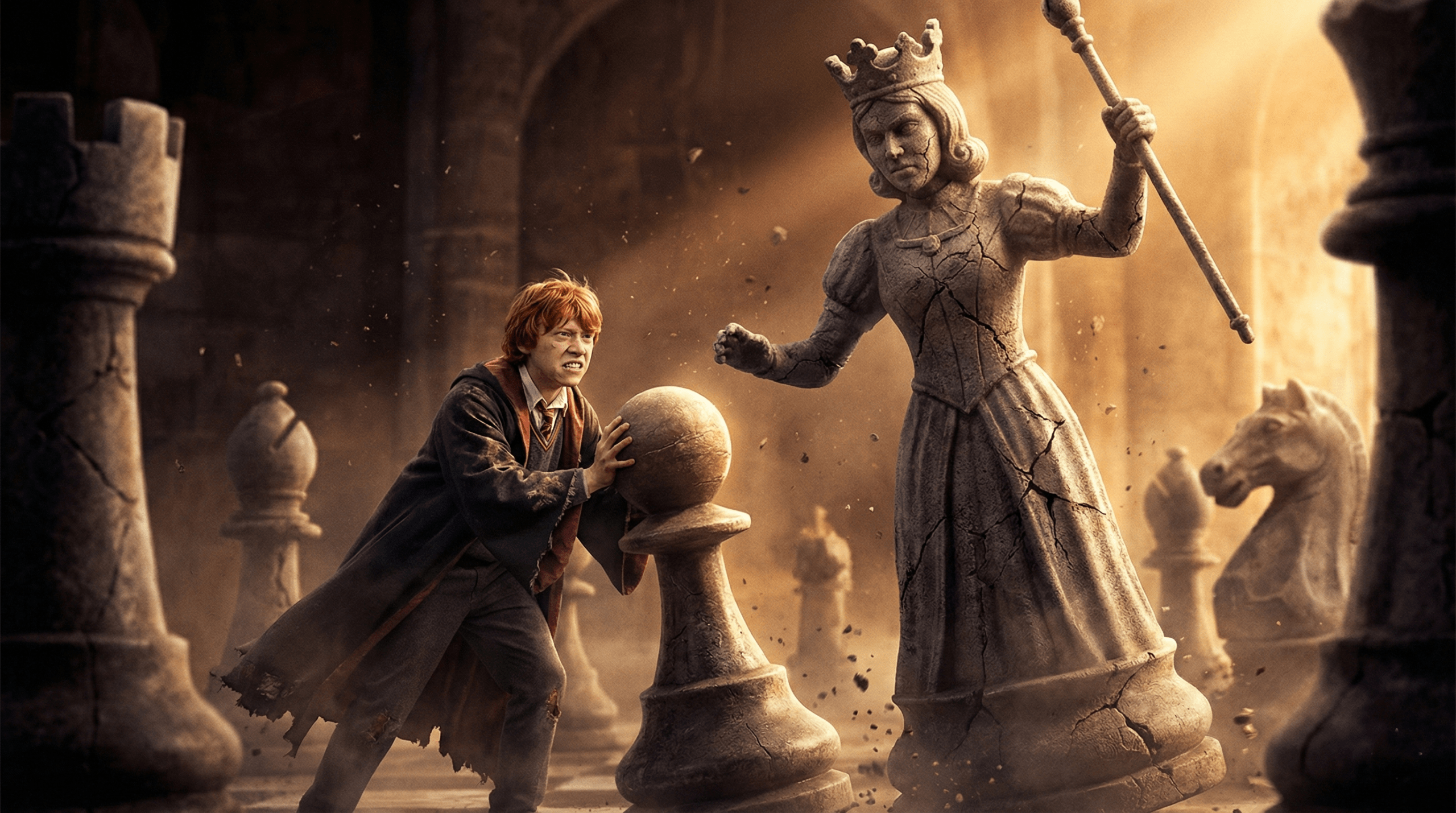 Ron Weasley sacrificing himself on the giant chessboard to save Harry Potter