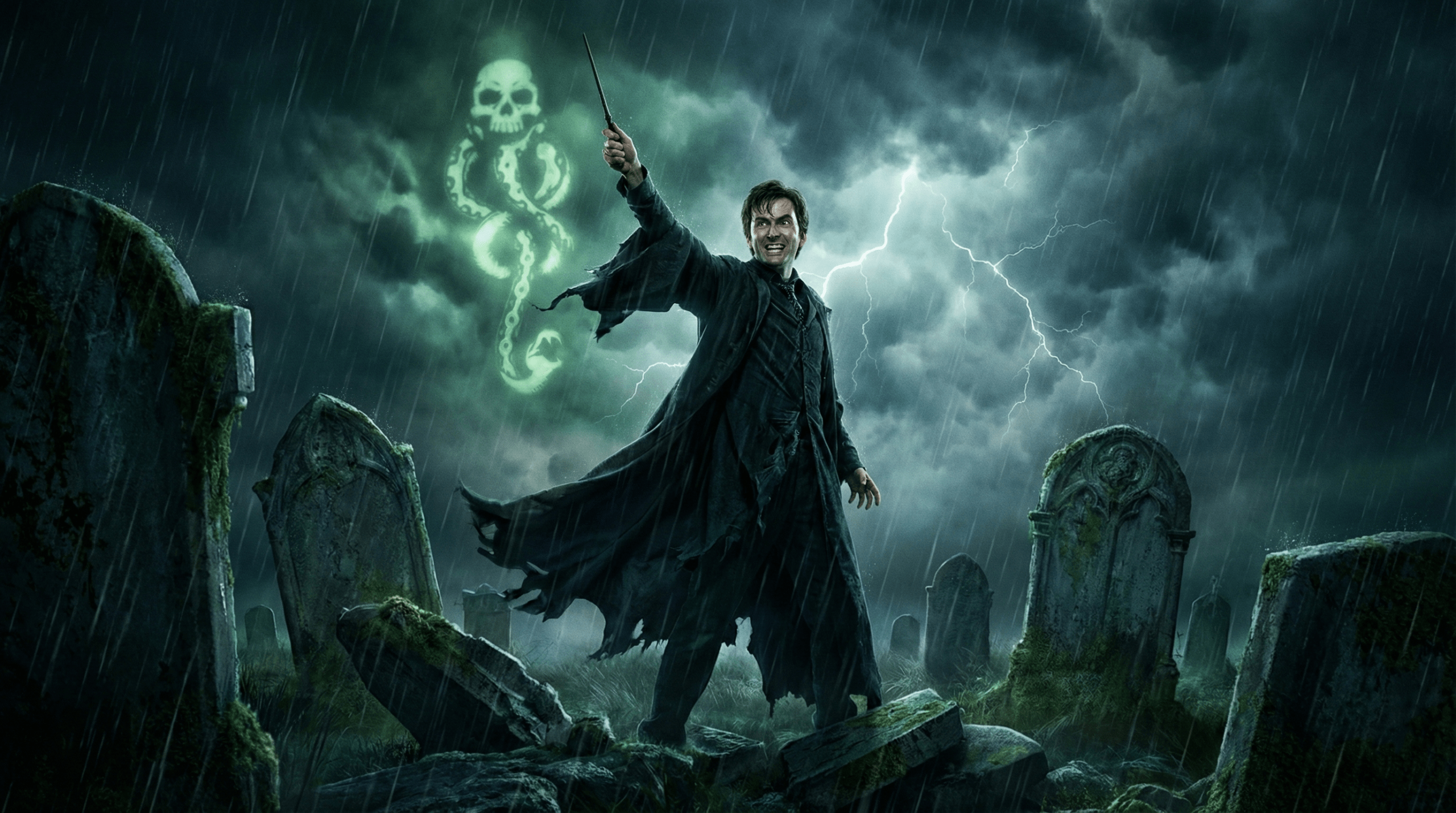 Iconic Barty Crouch Jr. in dramatic graveyard pose, fan-favorite villain performance by David Tennant in Harry Potter and the Goblet of Fire