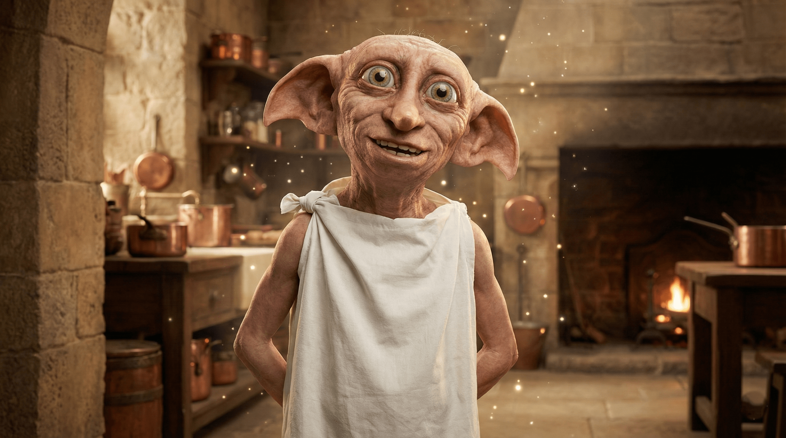 Happy freed house-elf Dobby smiling in magical Hogwarts setting