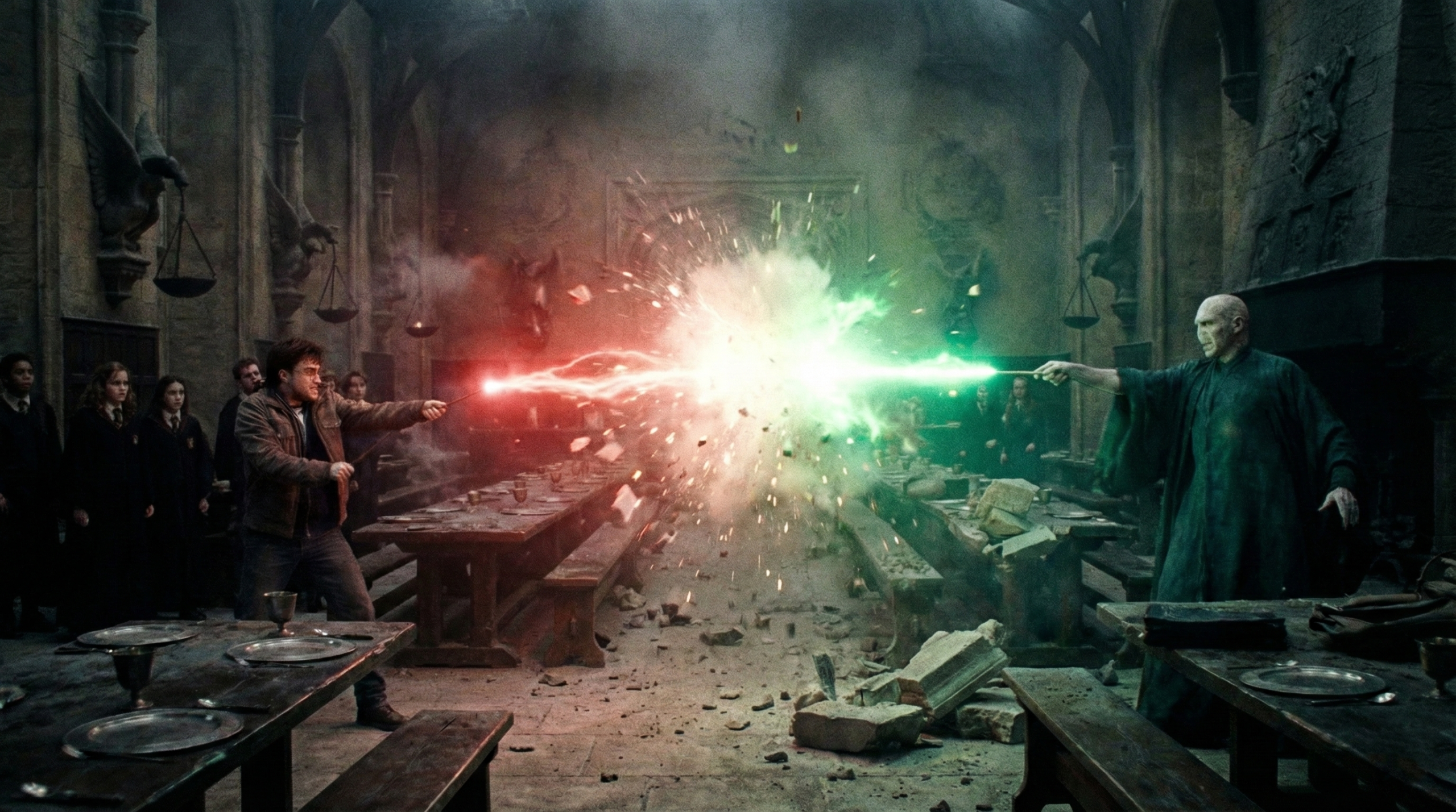 Harry Potter and Voldemort in final duel fulfilling the prophecy's deadly prediction