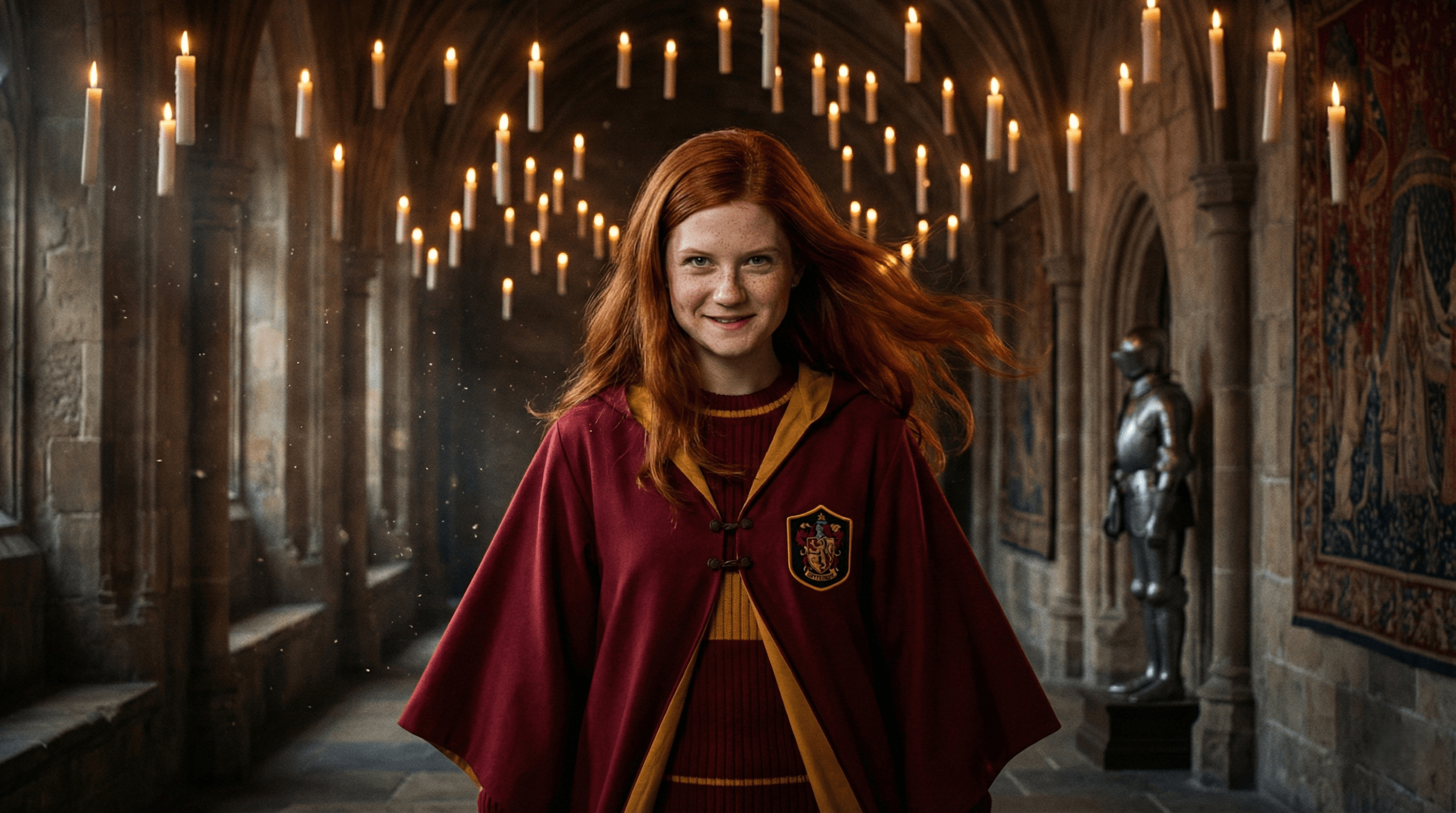 Ginny Weasley as a confident Gryffindor witch in Hogwarts, showing her character growth and strength
