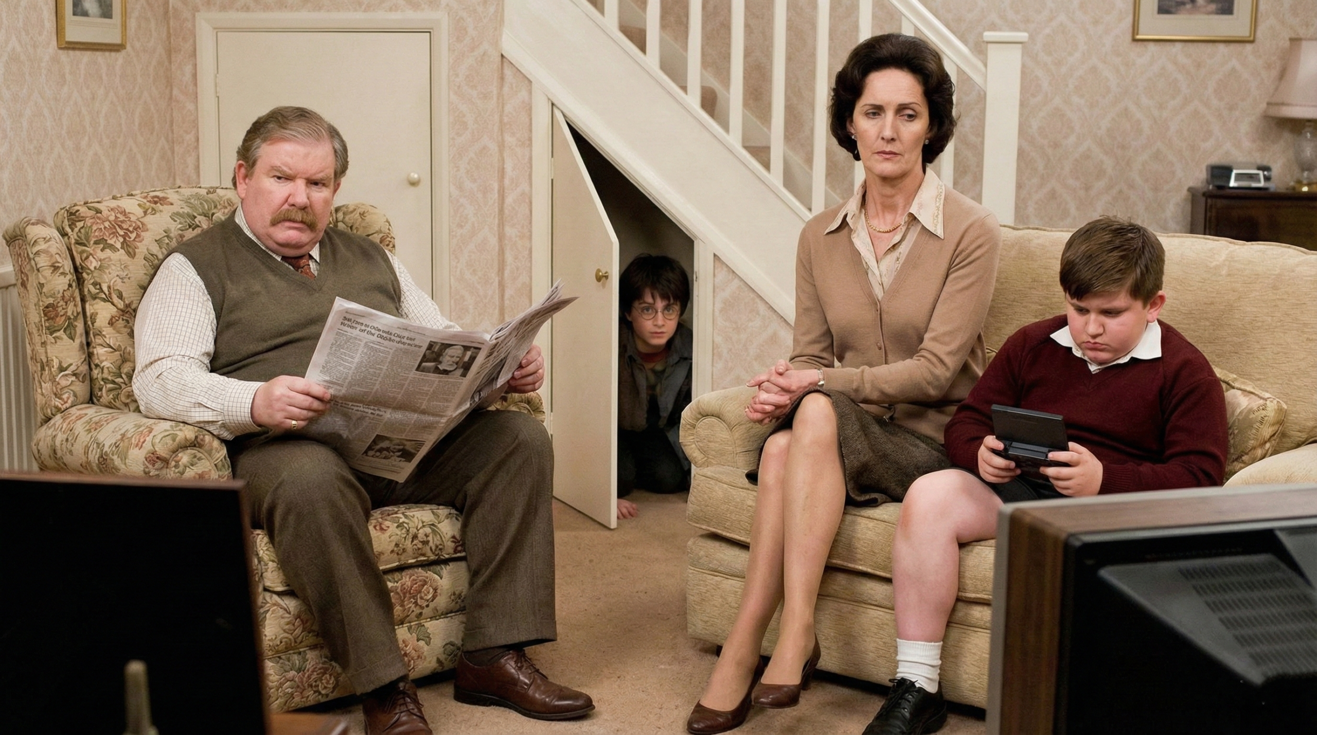 The Dursley family — Vernon, Petunia, and Dudley — with young Harry from Harry Potter 1.