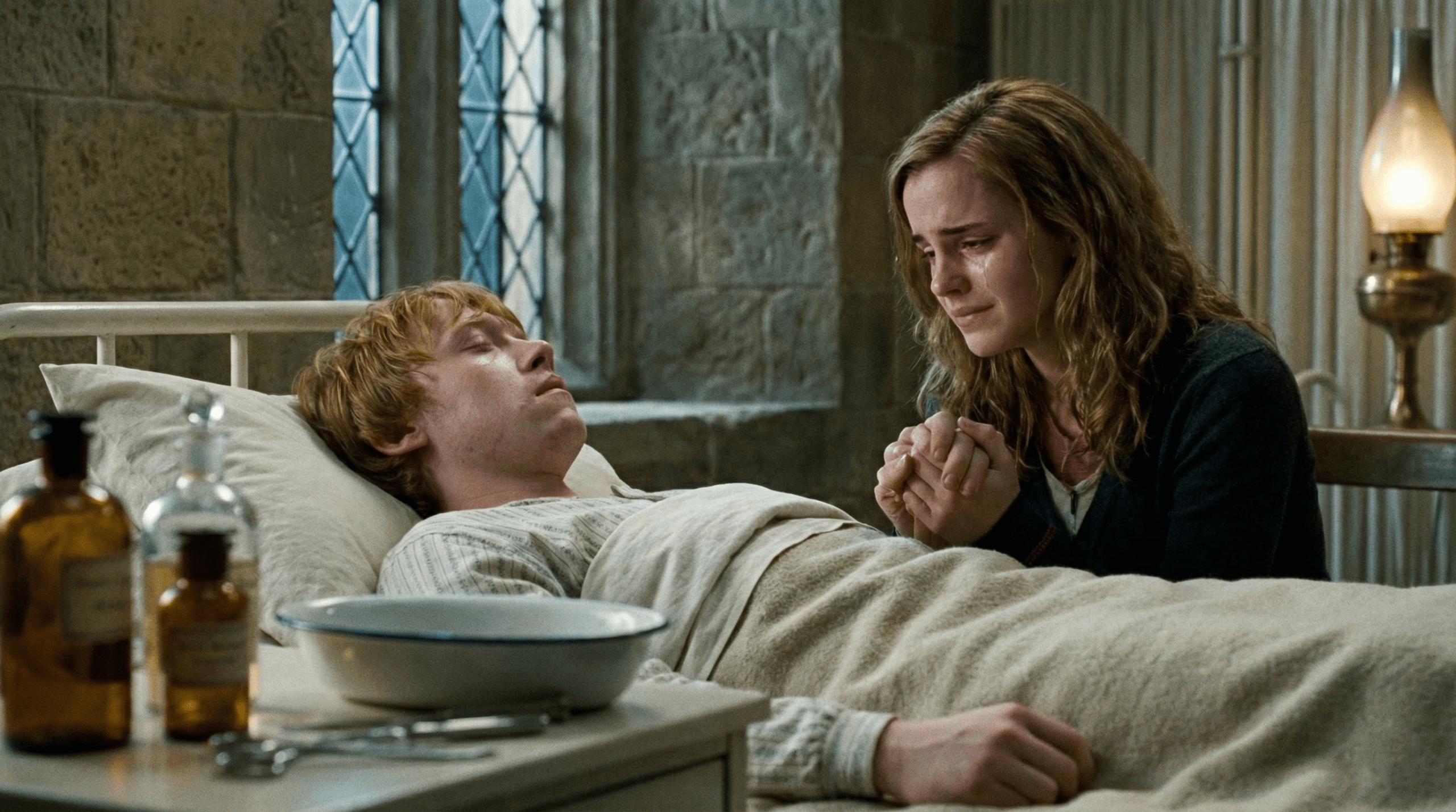 Hermione at Ron's bedside after his poisoning – one of the most emotional Romione moments