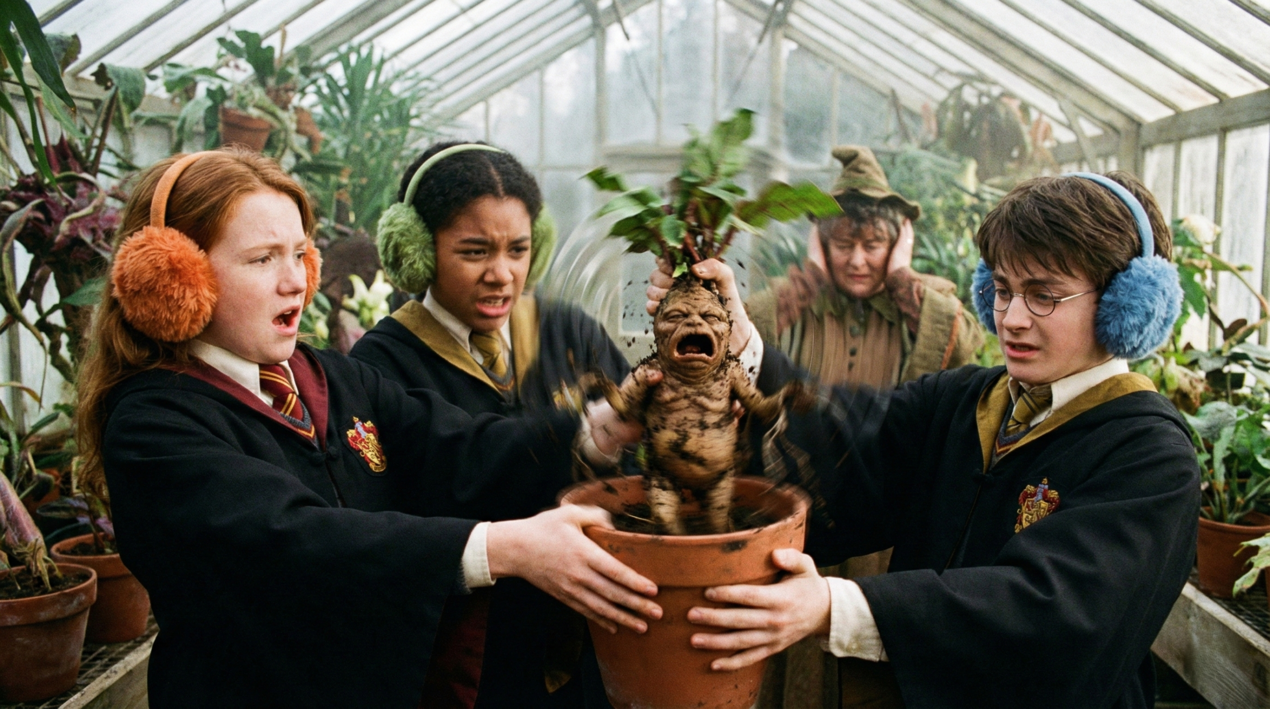 Hogwarts students in earmuffs pulling screaming Mandrake during Herbology lesson