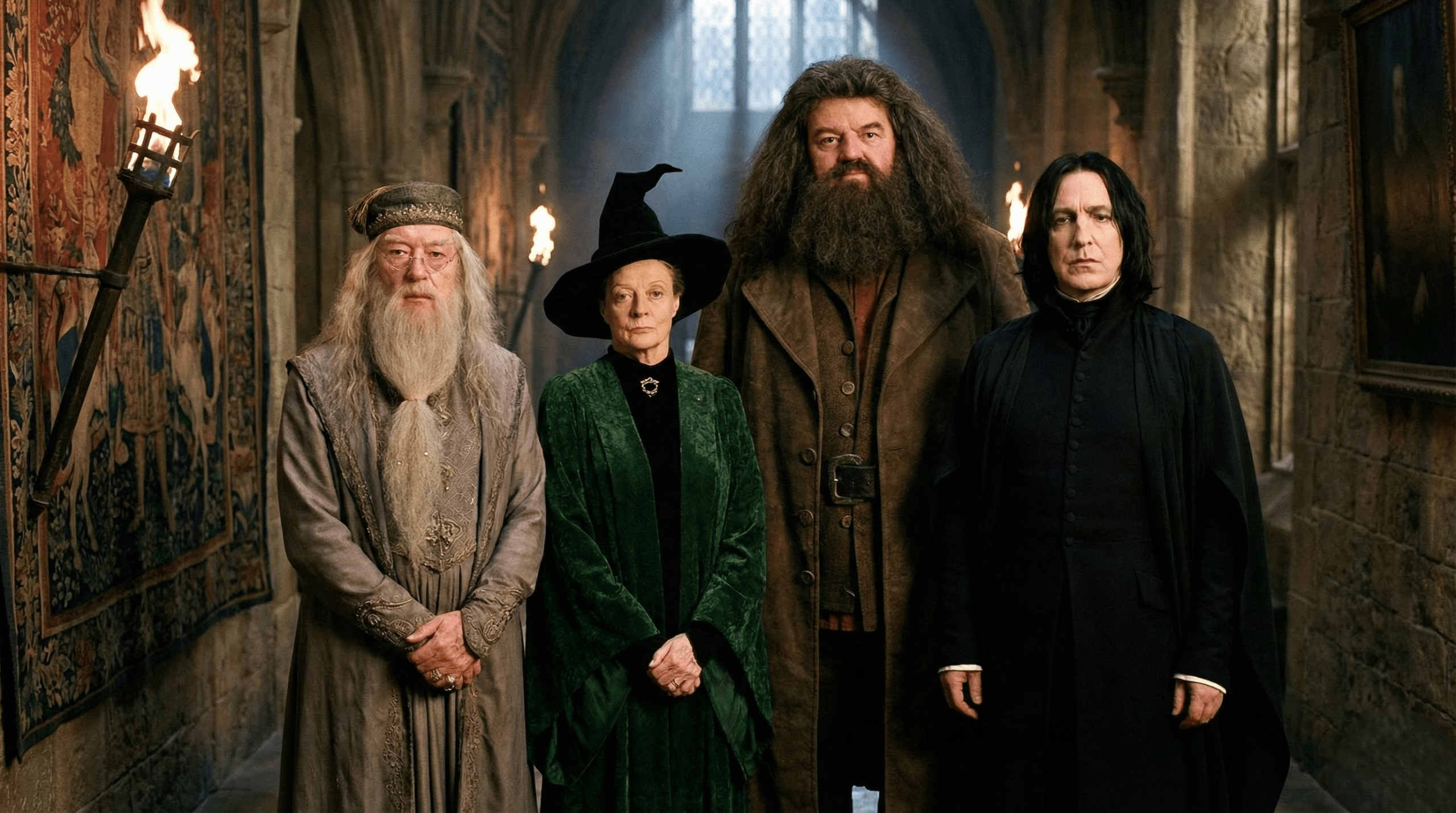 Iconic Hogwarts professors including Dumbledore, McGonagall, Hagrid, and Snape from Harry Potter 1 cast.