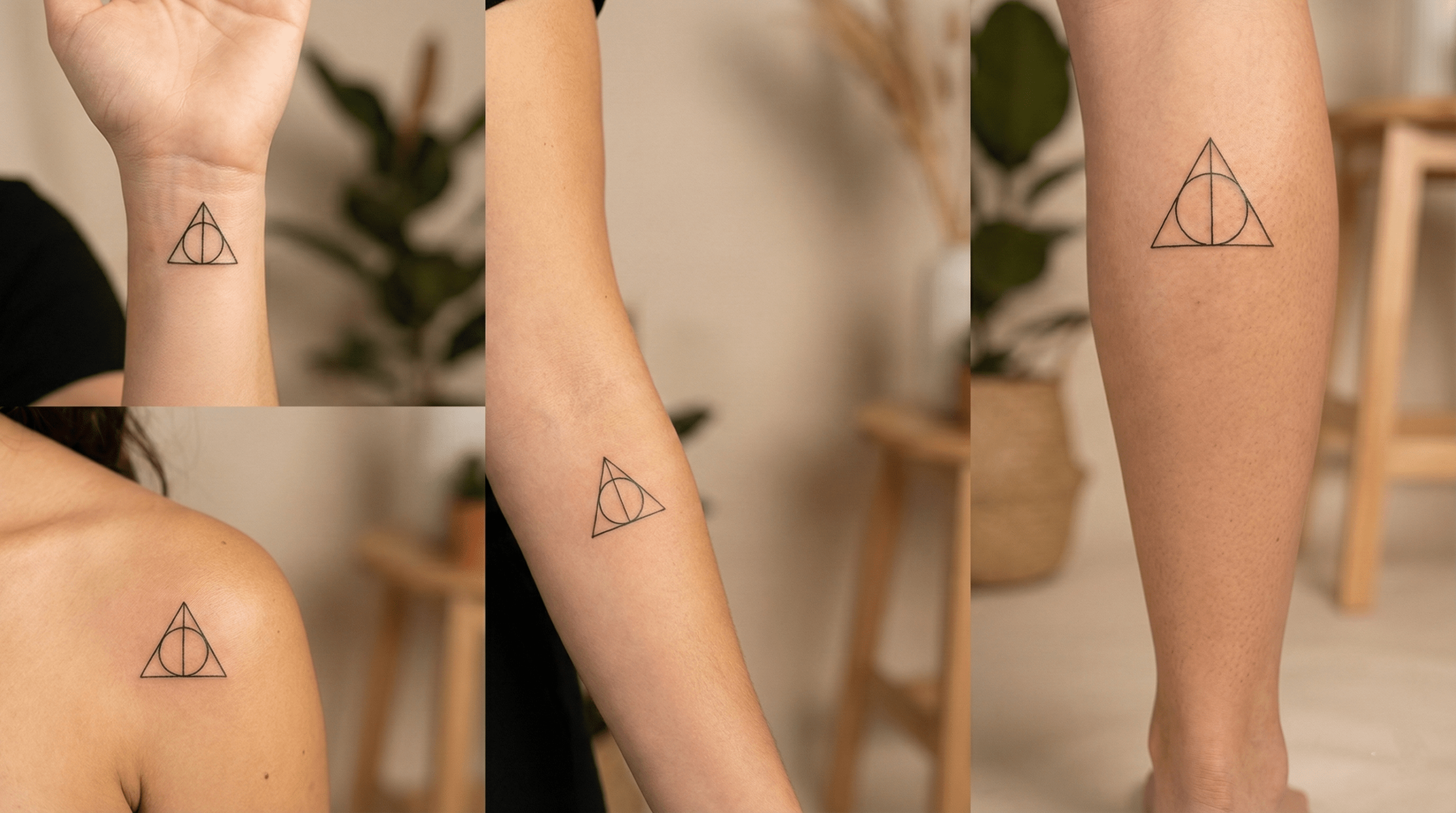 Minimalist Deathly Hallows Harry Potter tattoo design ideas in fine-line style