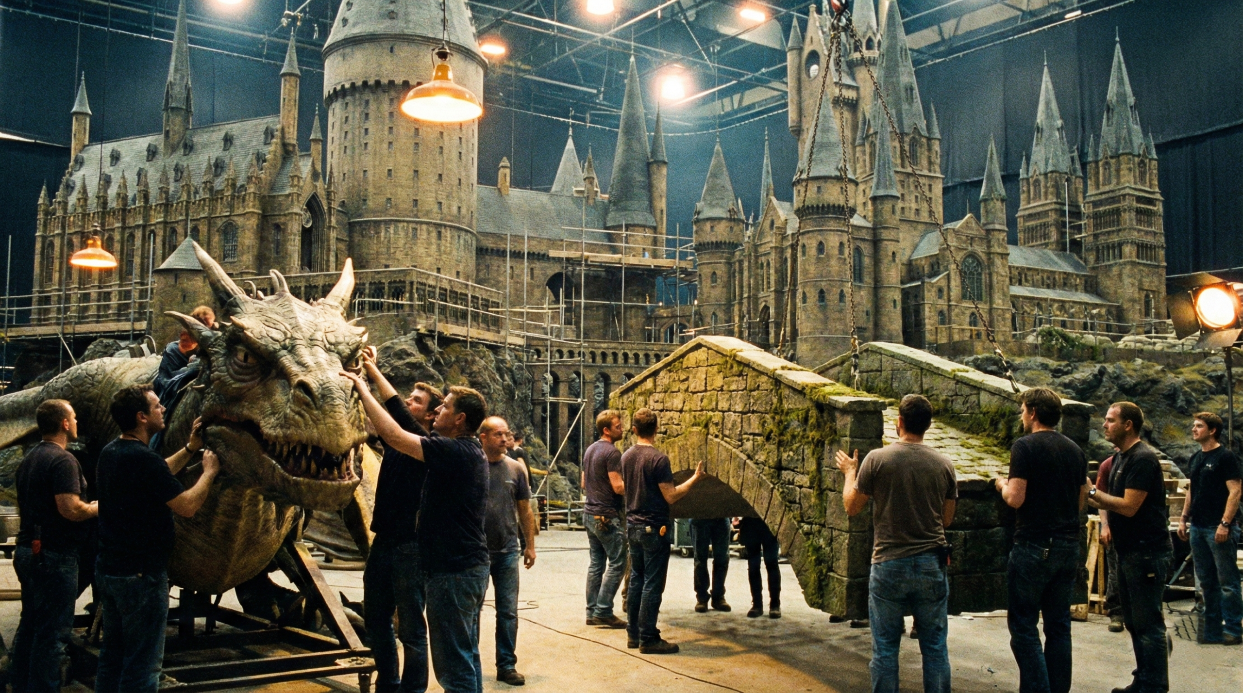 Harry Potter crew working on practical effects set at Leavesden Studios final filming days