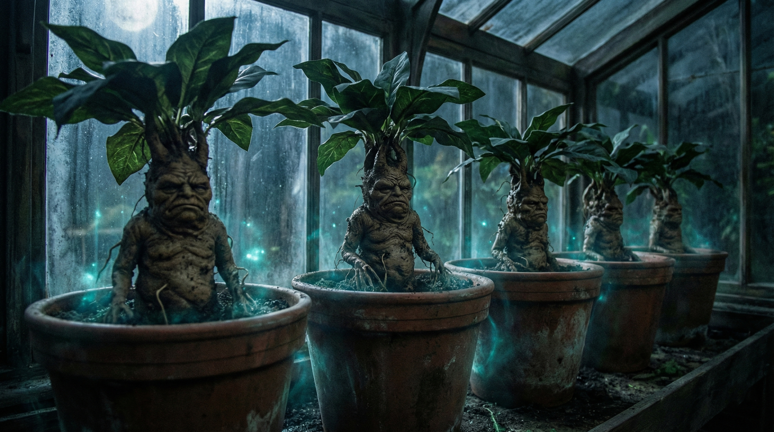 Mature humanoid Mandrakes ready for restorative draught in Hogwarts greenhouse