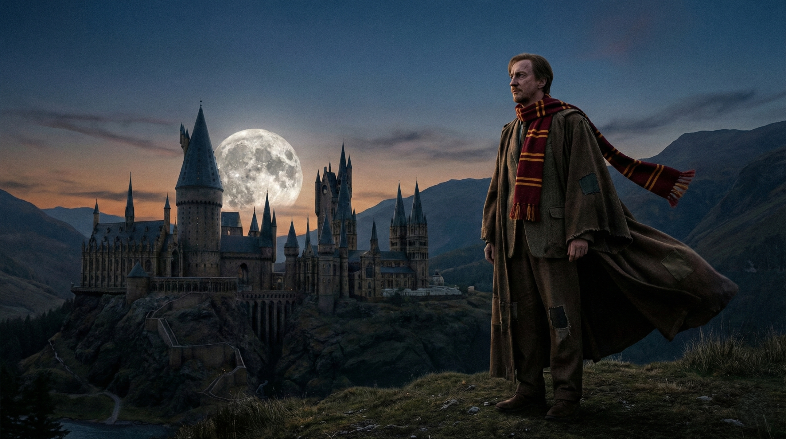 Professor Remus Lupin at Hogwarts staff table smiling warmly during feast