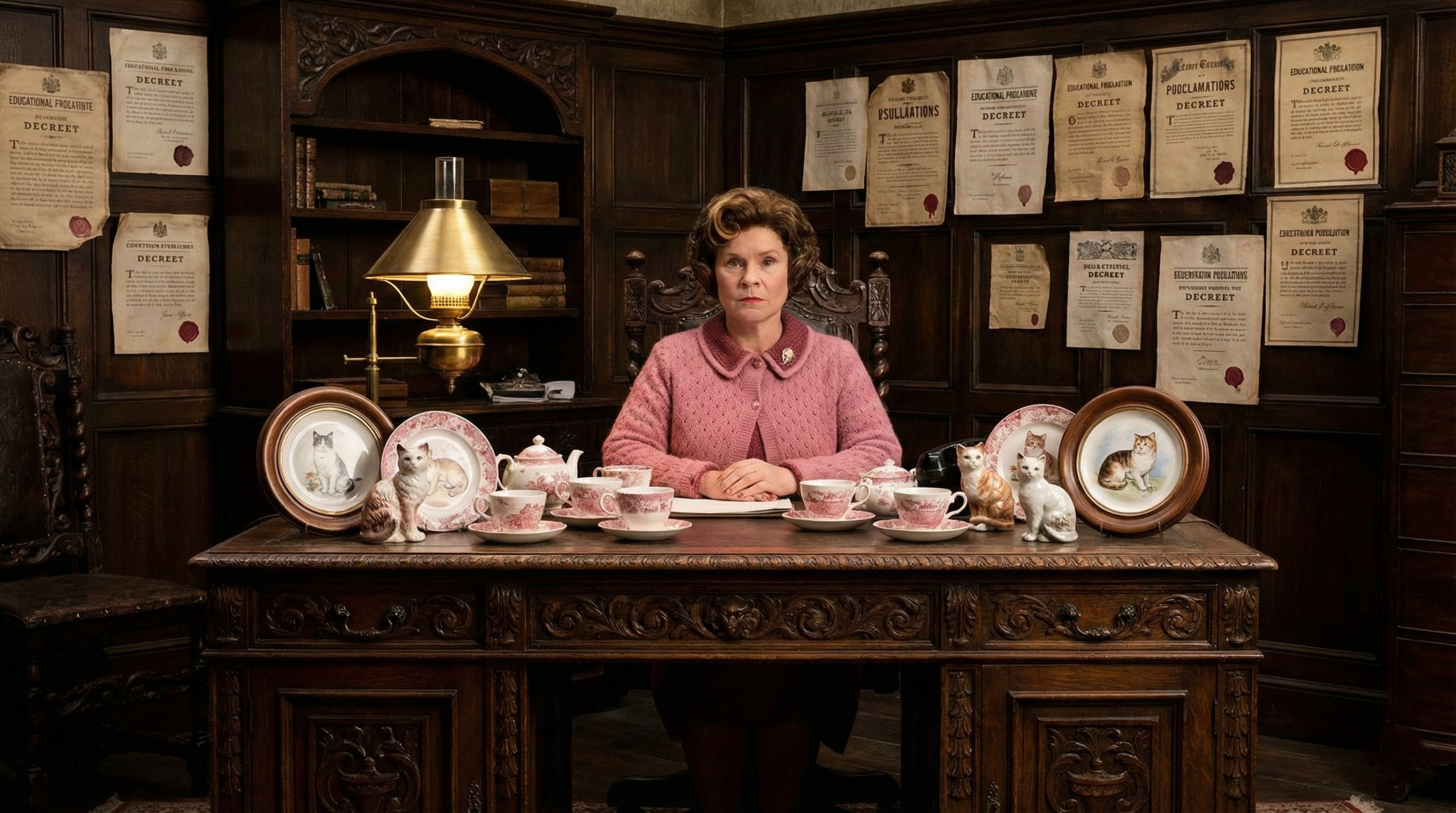 Dolores Umbridge’s oppressive office symbolizing the political intrigue in Order of the Phoenix