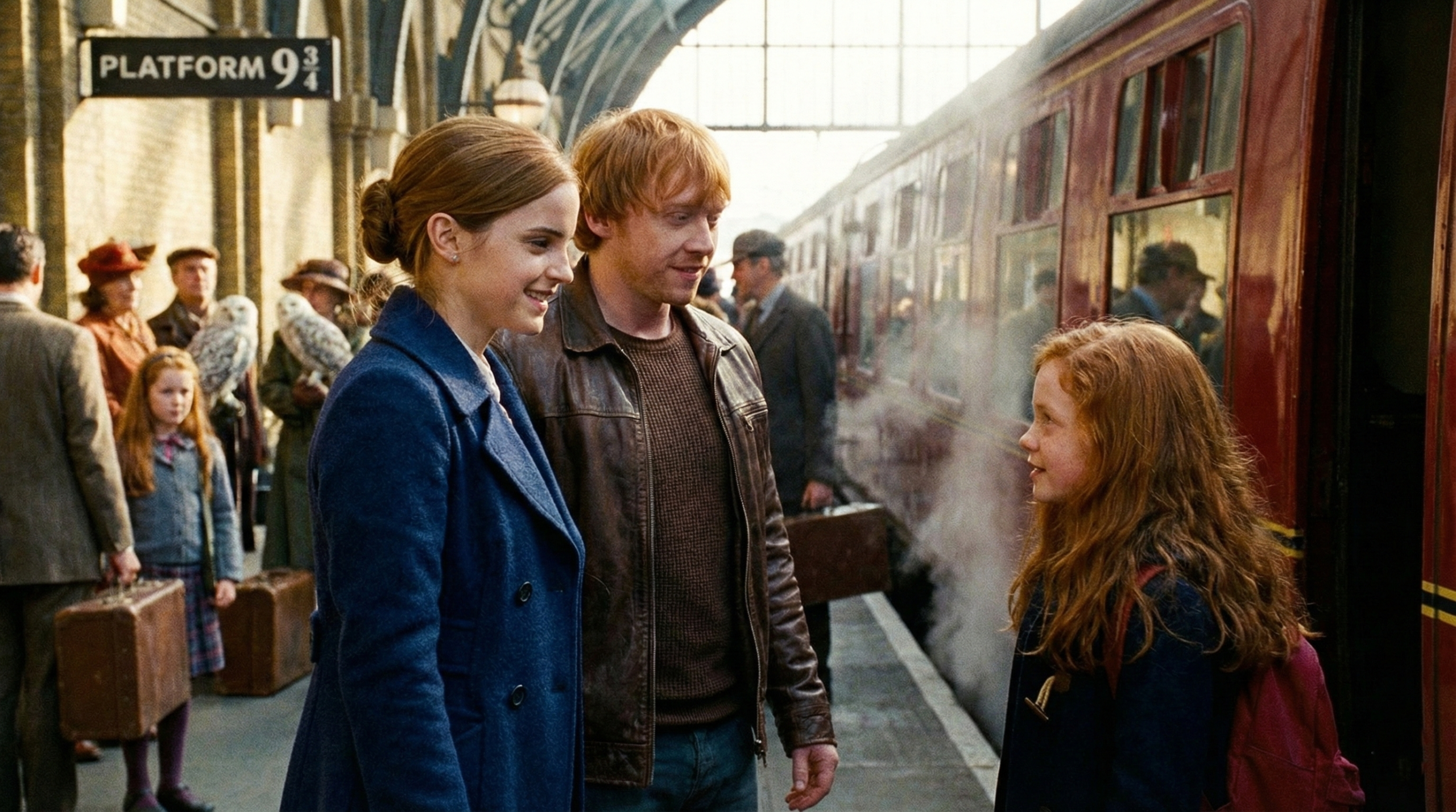 Hermione and Ron as married parents in the Deathly Hallows epilogue – happy ending with Rose at King's Cross