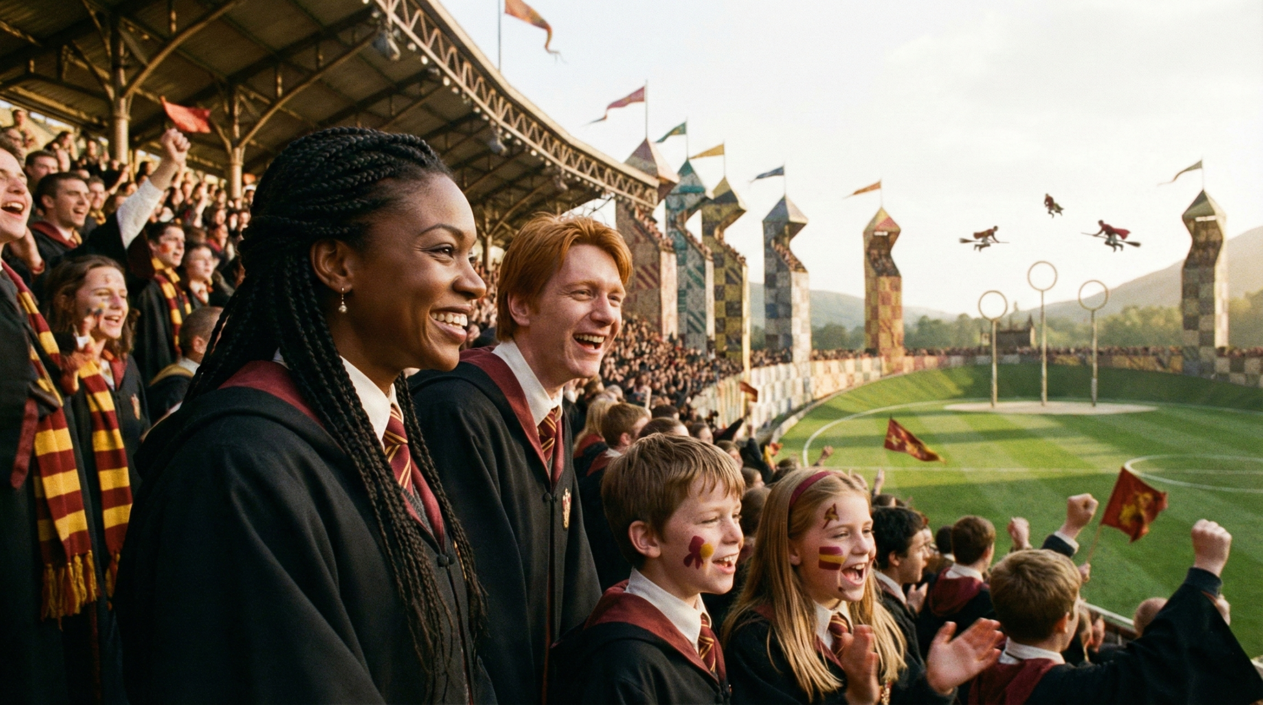 Angelina Johnson with George Weasley and their children at the Quidditch World Cup in Harry Potter