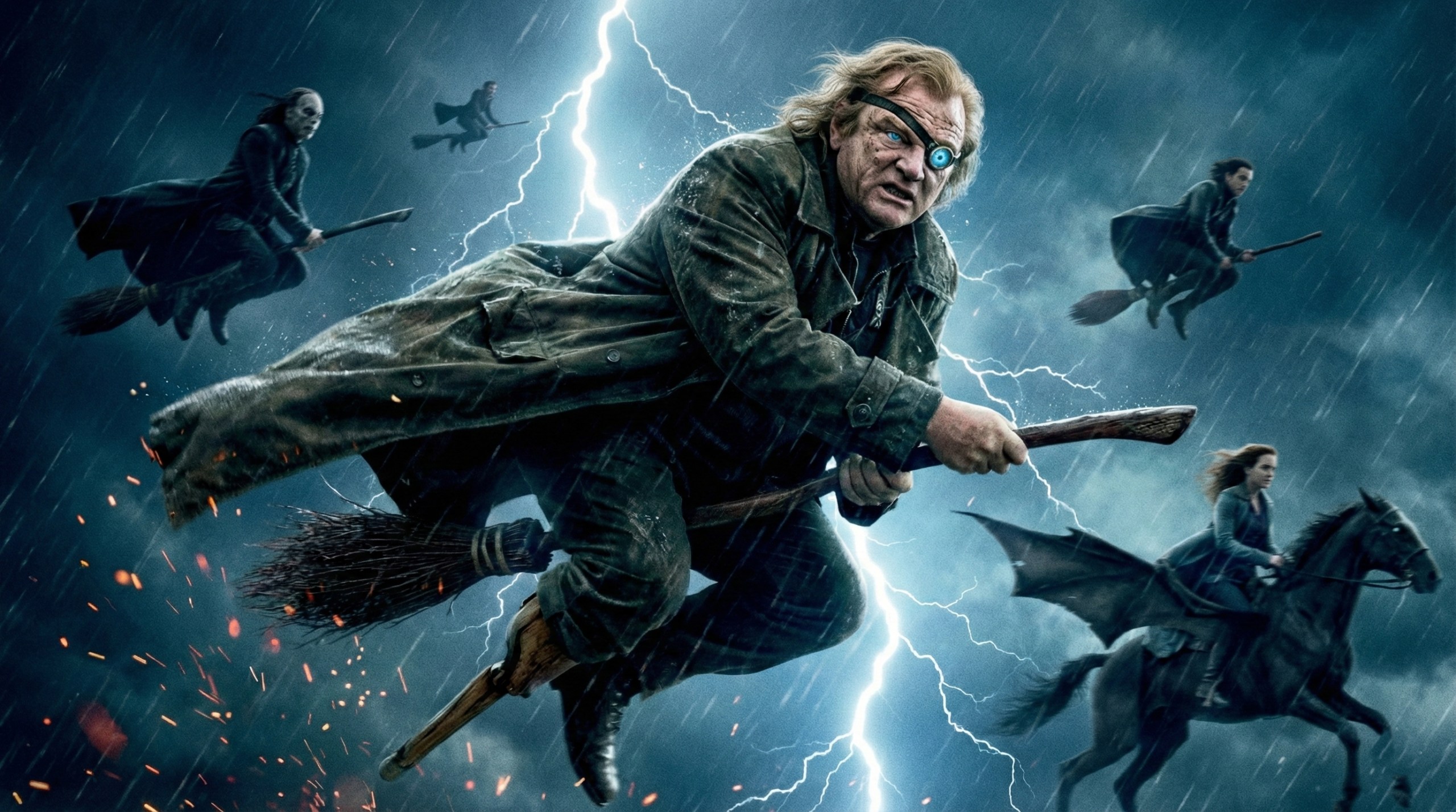Mad-Eye Moody flying broomstick in Deathly Hallows Battle of the Seven Potters scene