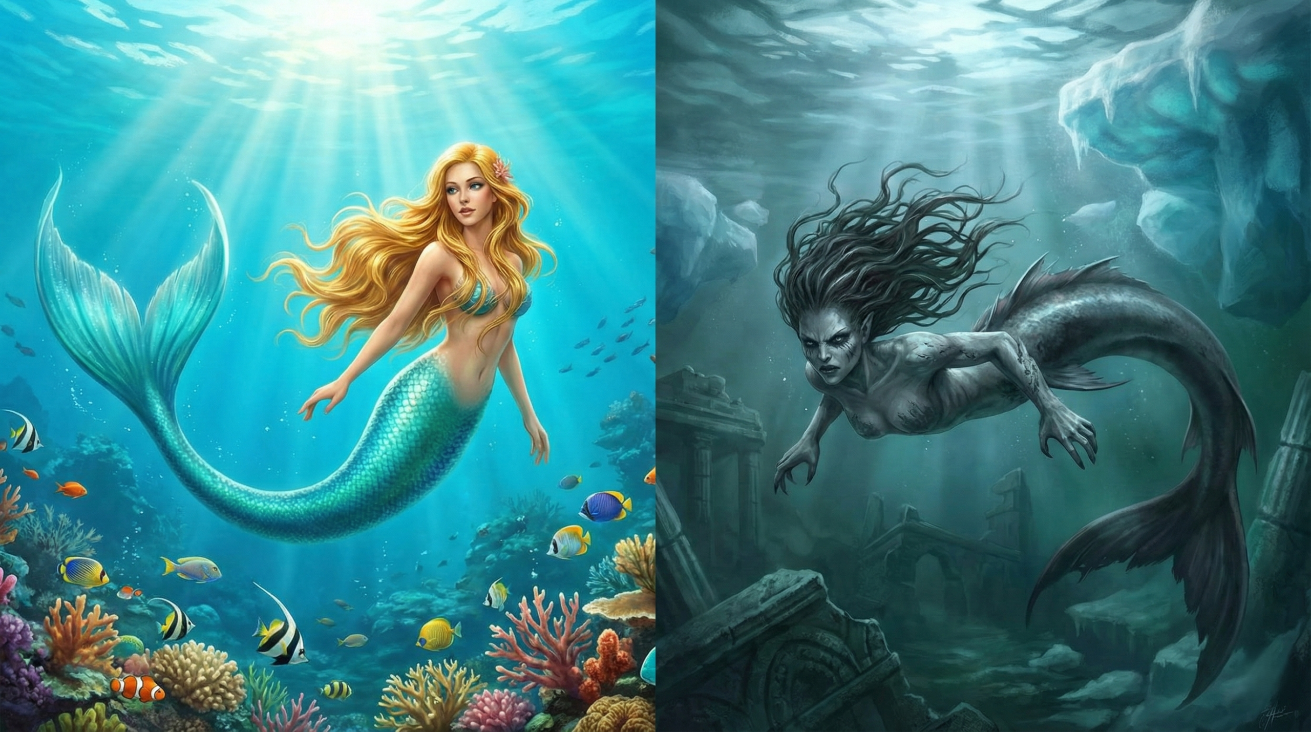 Comparison of beautiful warm-water siren vs terrifying cold-water selkie merpeople Harry Potter