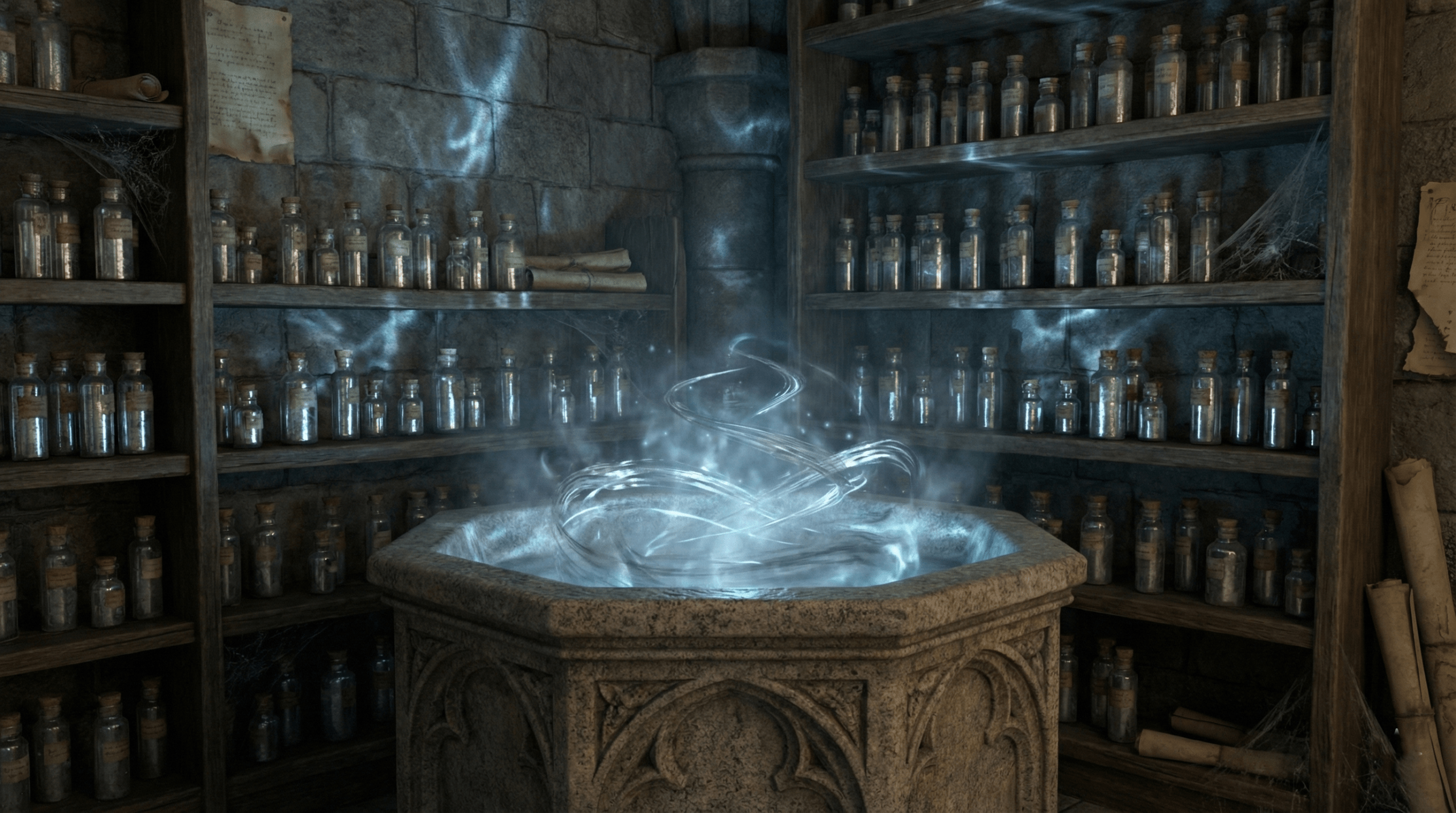 Pensieve memory viewing room showing Voldemort's past in Half-Blood Prince book