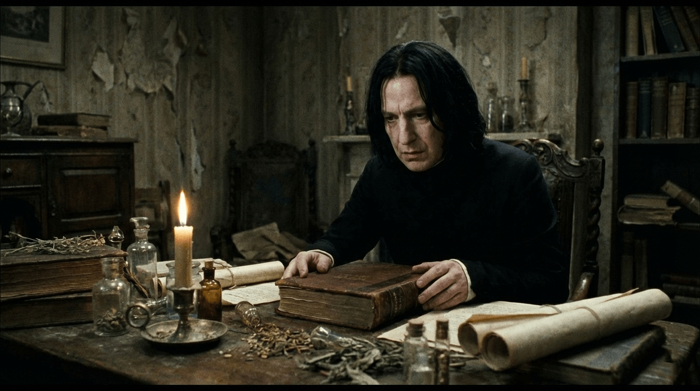 Teenage Severus Snape humiliated upside down by James Potter in the infamous Worst Memory scene at Hogwarts