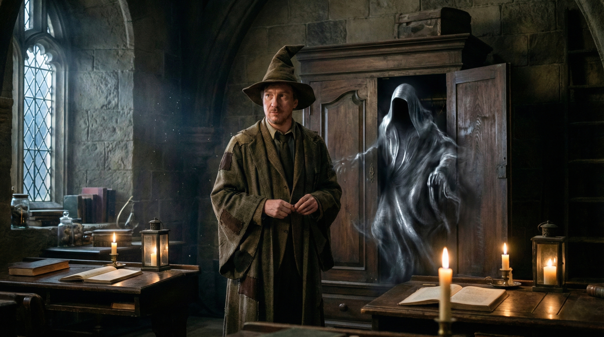 Professor Remus Lupin teaching Boggart lesson in Hogwarts classroom Defence Against the Dark Arts