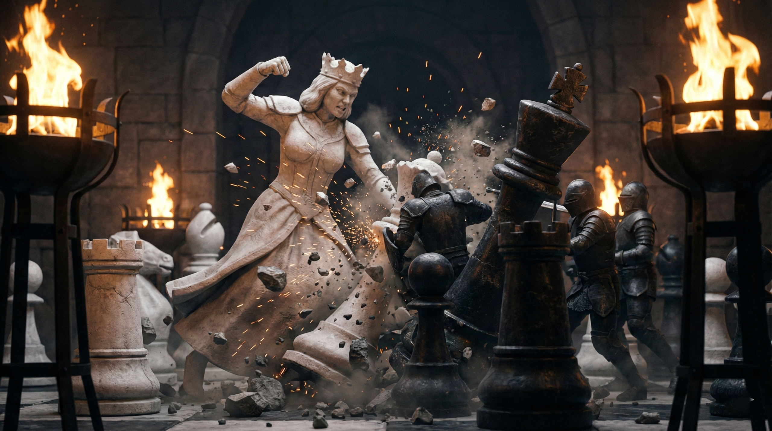 Intense wizard's chess battle with giant pieces clashing and white queen attacking in Harry Potter