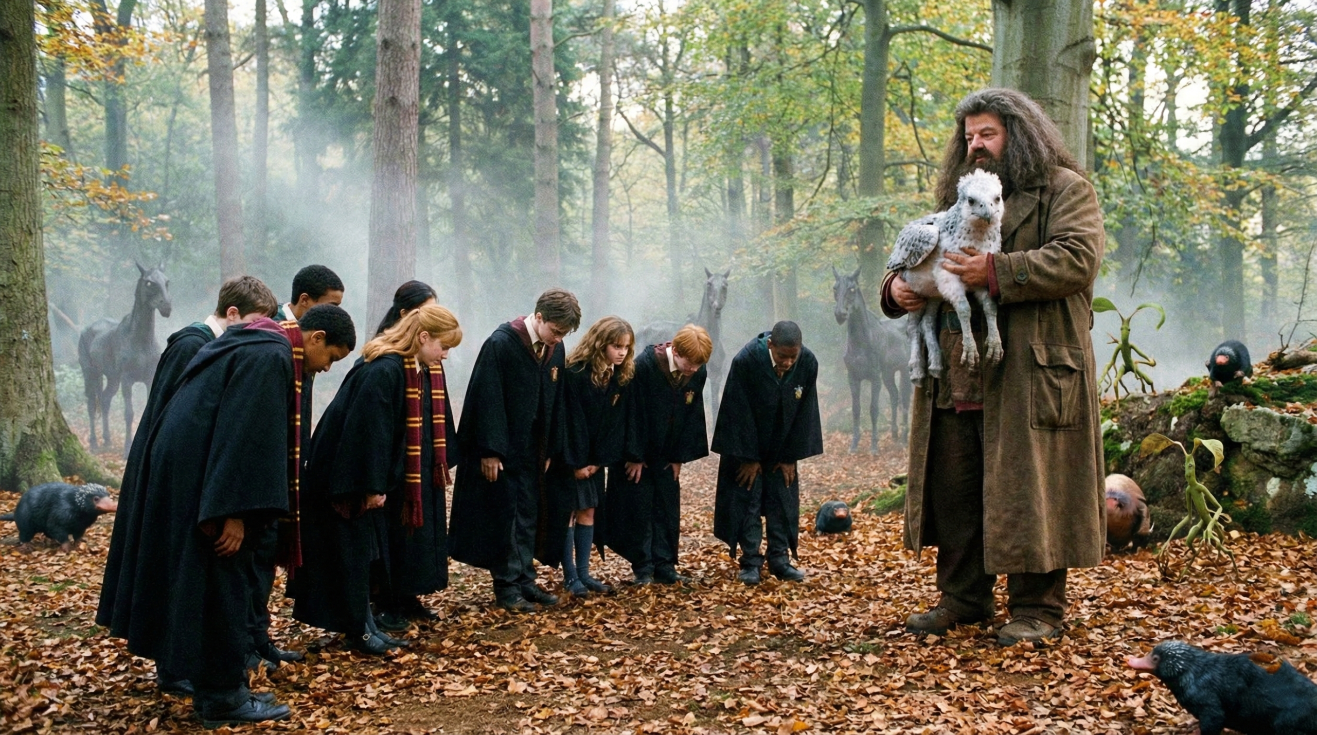 Hogwarts Care of Magical Creatures class with Hagrid and hippogriff lesson 