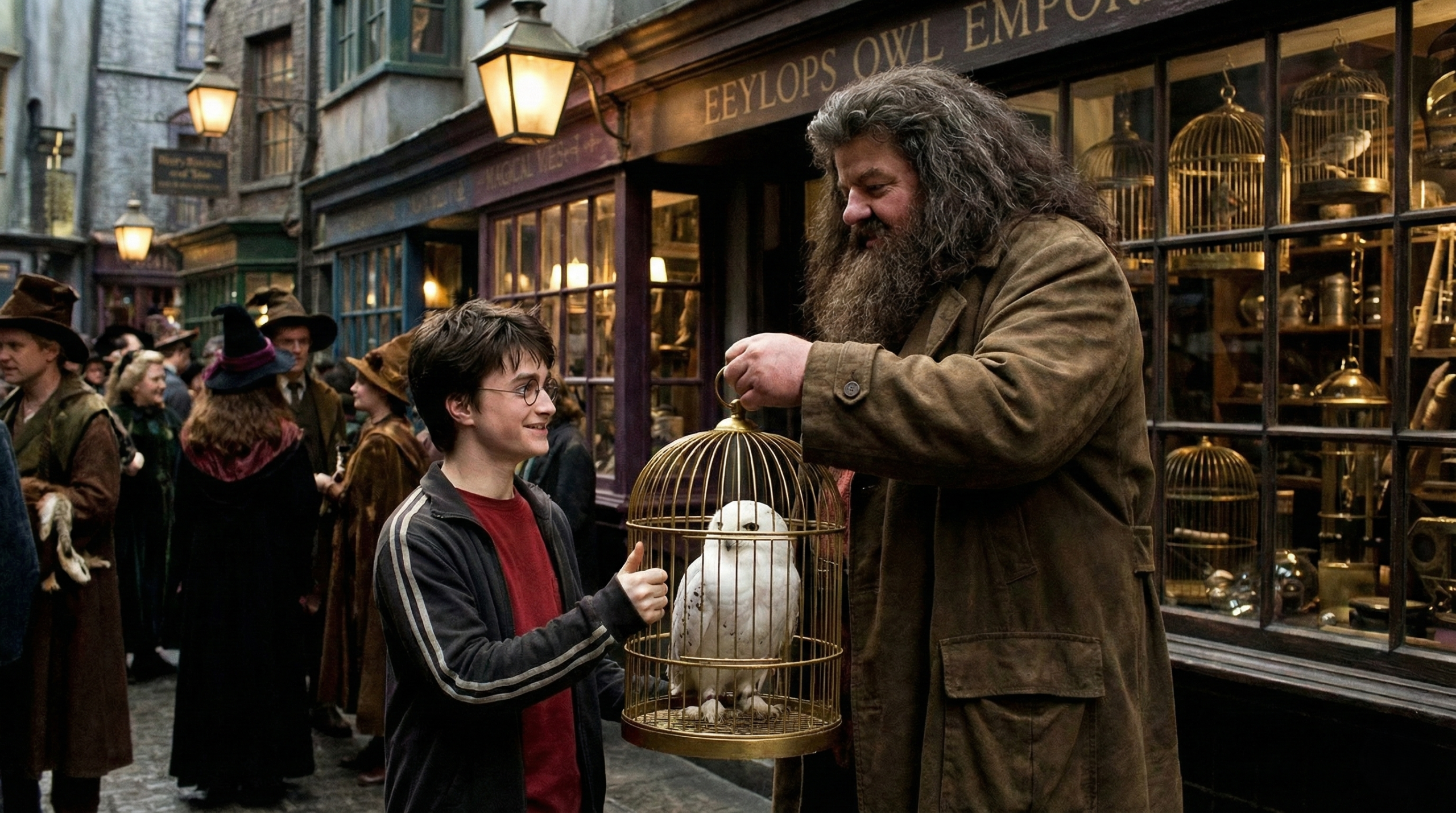 Harry Potter receiving Hedwig as a birthday gift from Hagrid in Eeylops Owl Emporium, Diagon Alley.