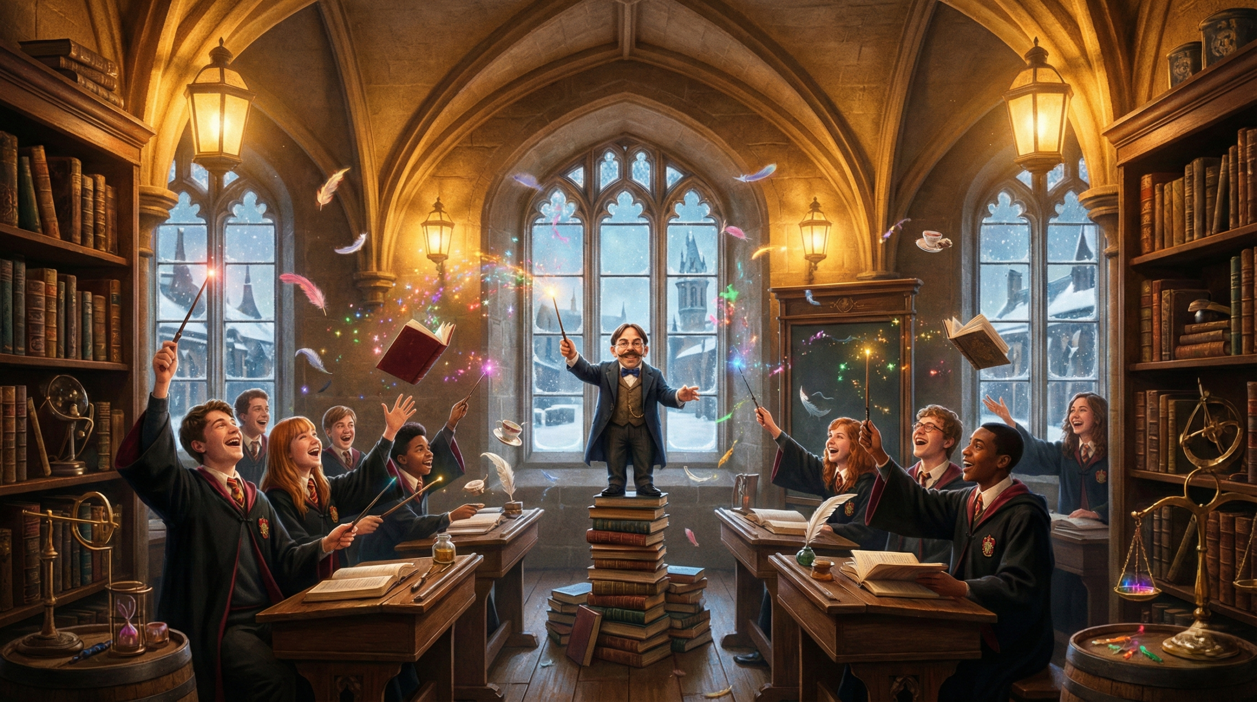 Cheerful Hogwarts Charms class with Professor Flitwick teaching levitation spells