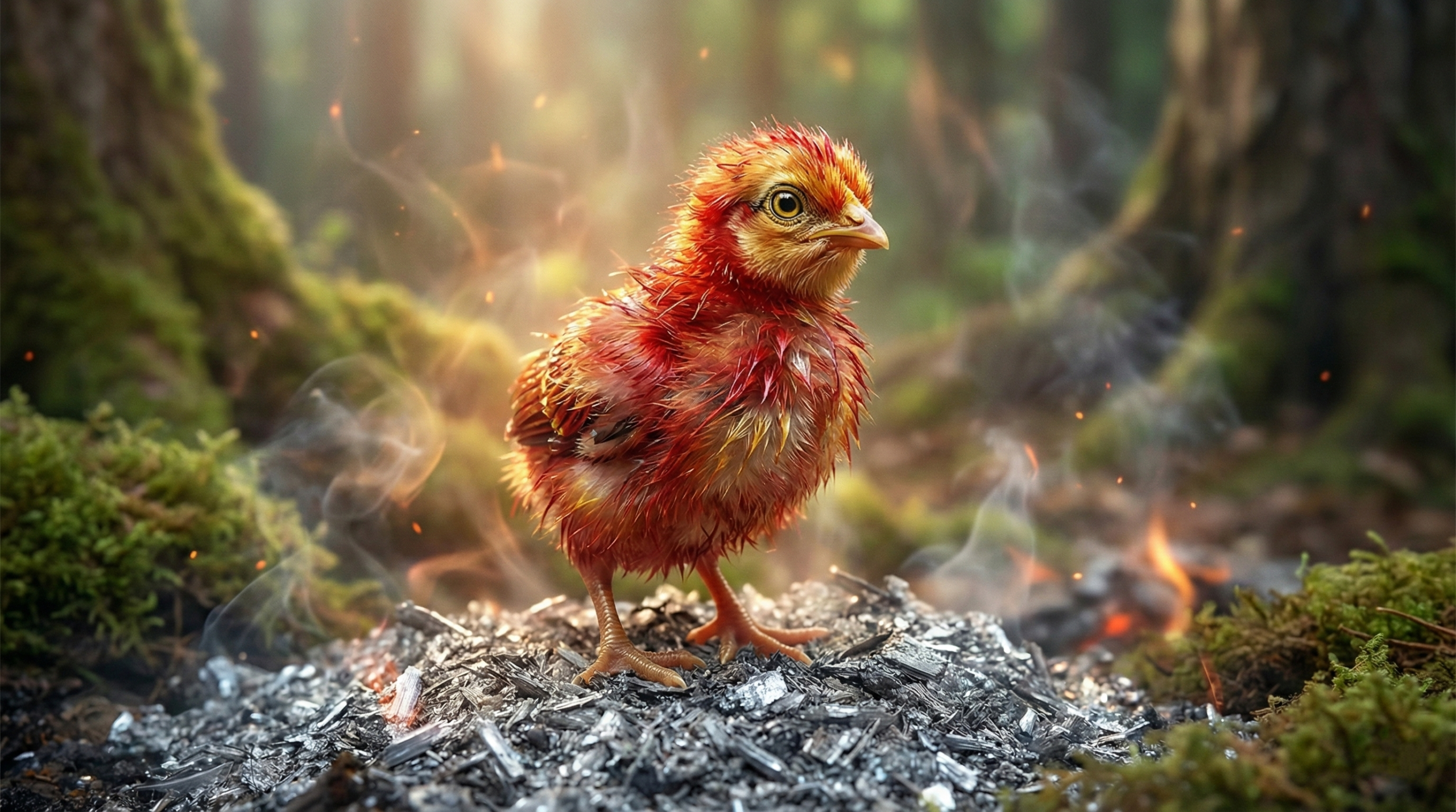 Newborn phoenix chick rising from ashes after Burning Day
