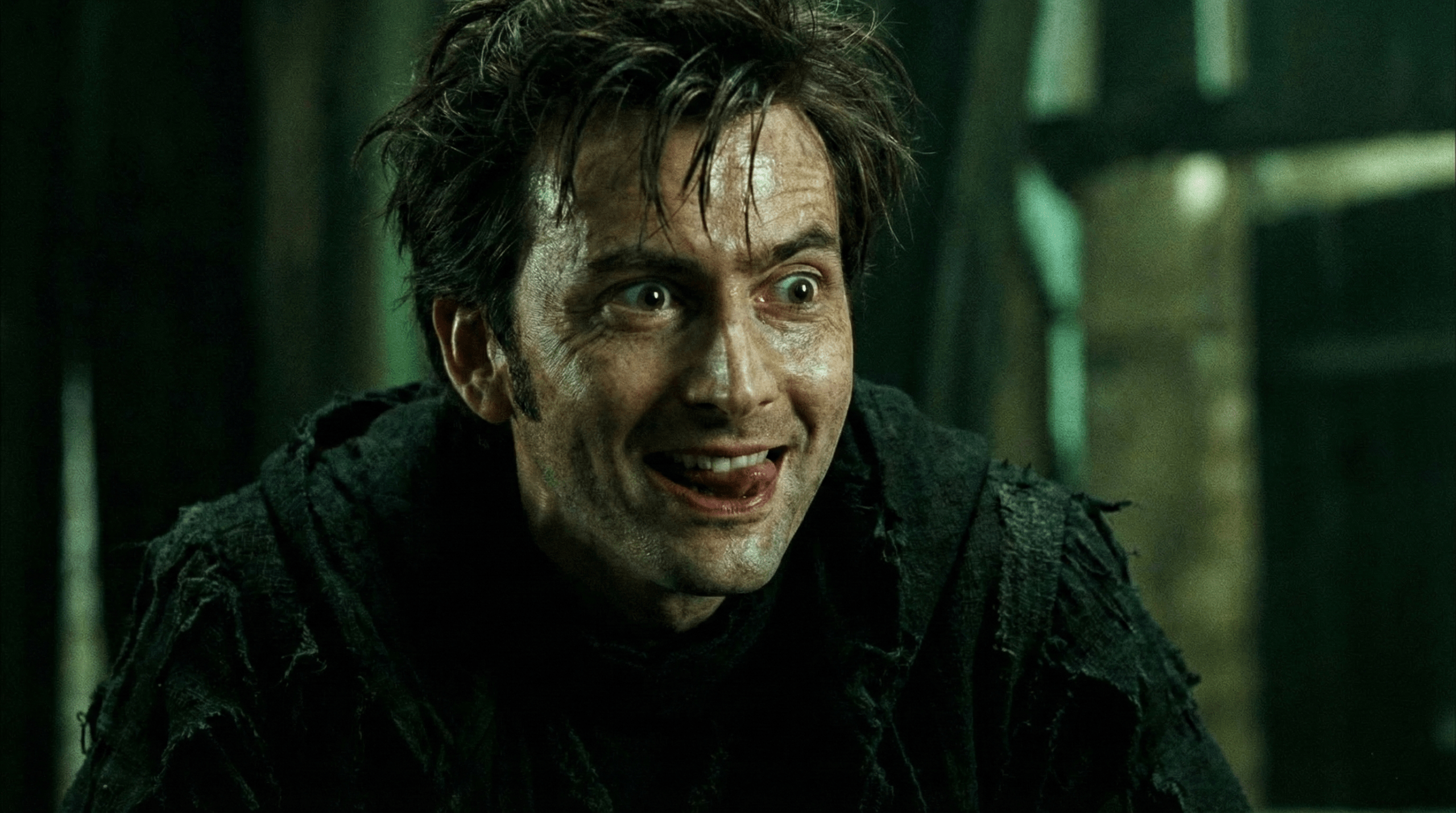David Tennant as Barty Crouch Jr. with manic expression and iconic lip-licking tic in Harry Potter and the Goblet of Fire