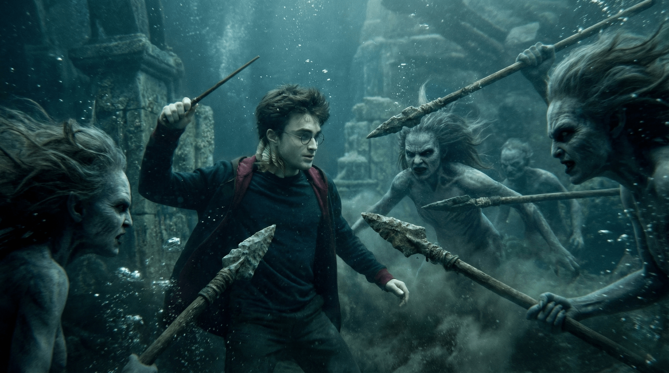 Terrifying Black Lake merpeople attacking during Harry Potter Goblet of Fire Second Task movie scene