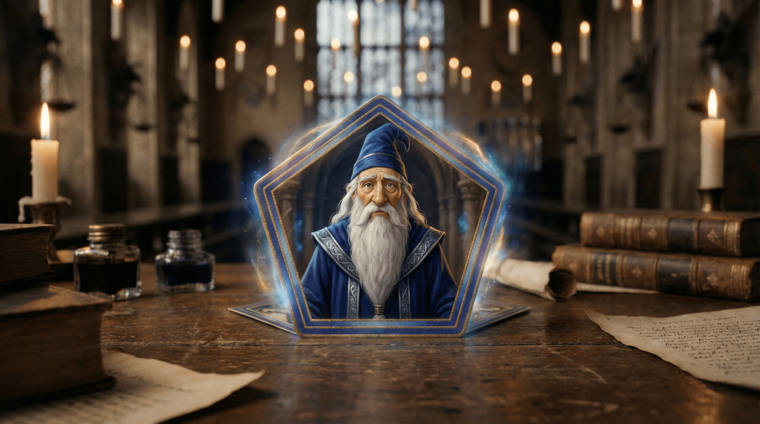 Chocolate Frog card showing Merlin the wizard in Harry Potter universe