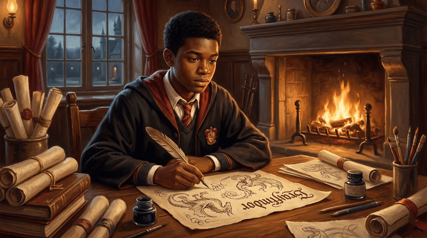 Dean Thomas artistic talent drawing posters in Gryffindor common room