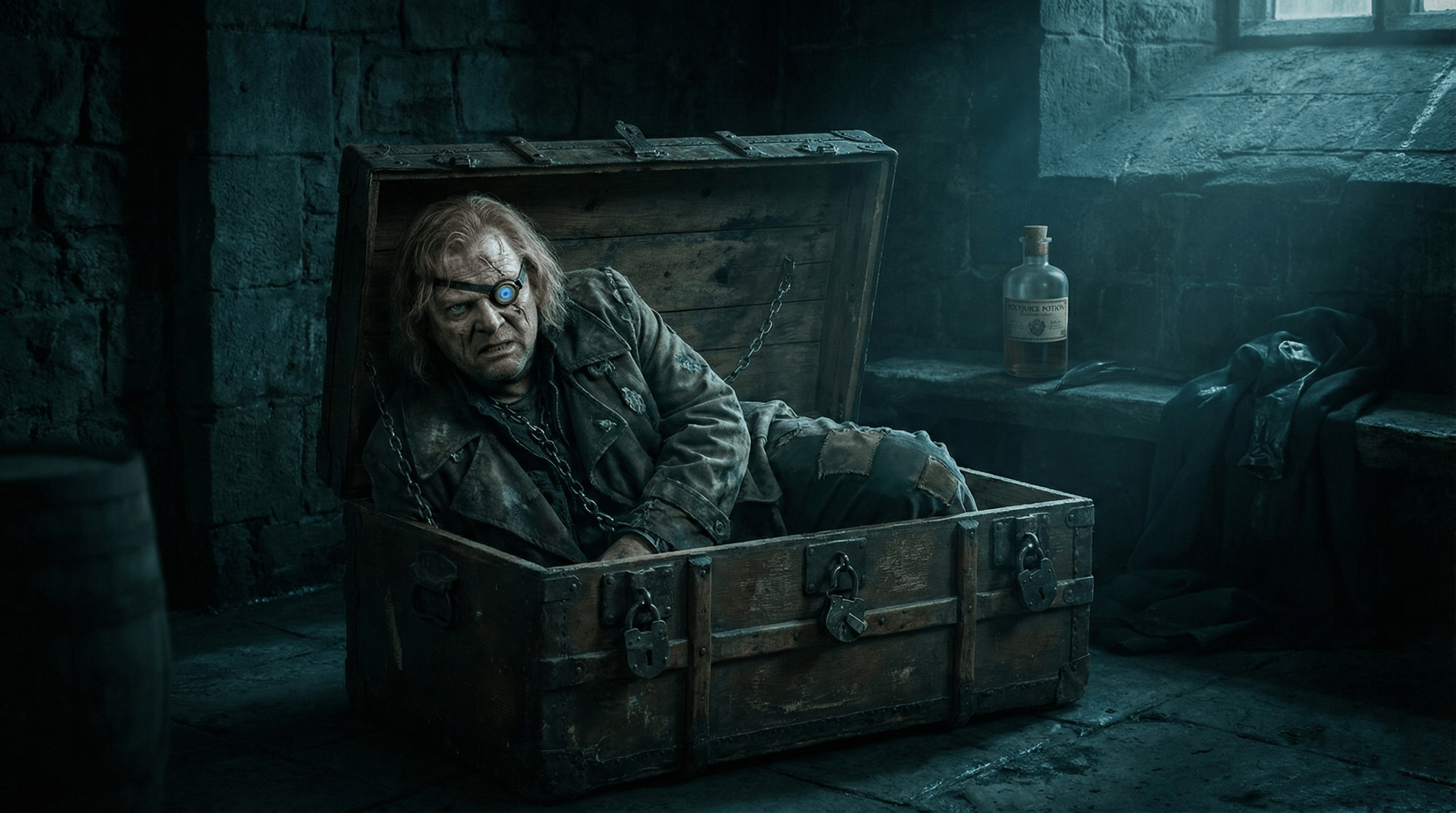The real Alastor Moody imprisoned in the magical trunk by Barty Crouch Jr. during the impersonation