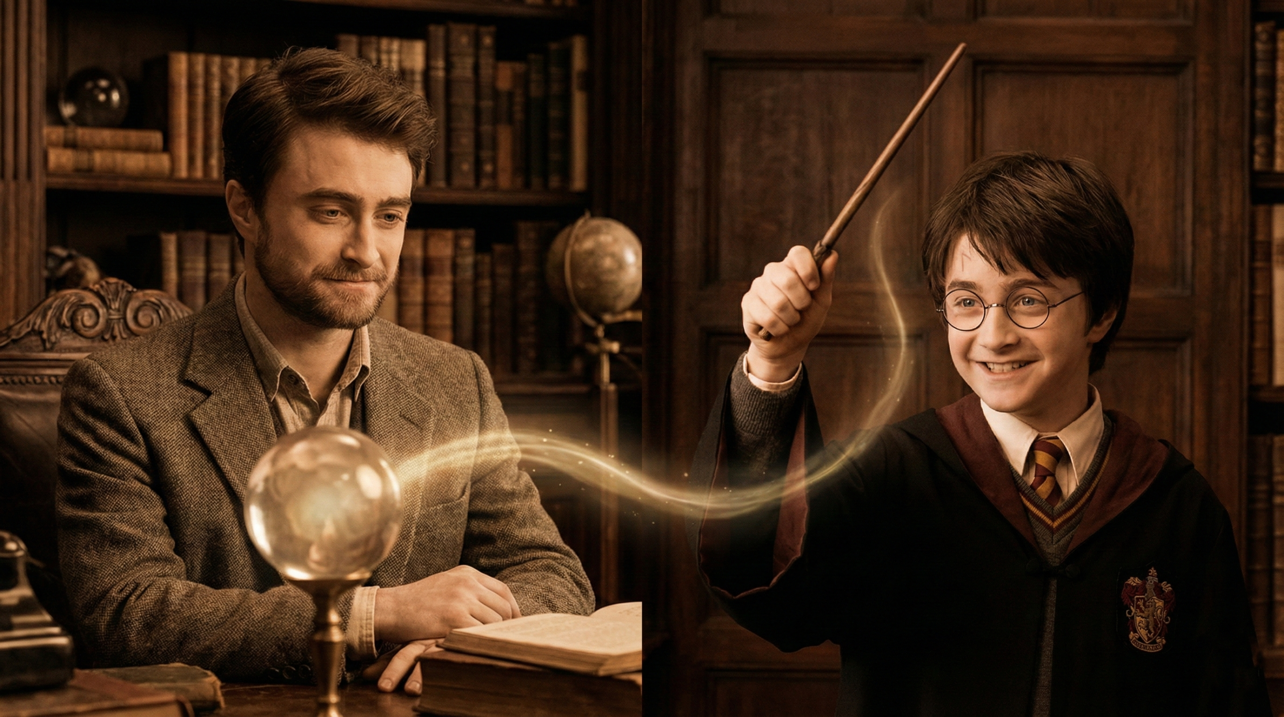 Daniel Radcliffe passing the Harry Potter wand to new actor Dominic McLaughlin in symbolic generational portrait