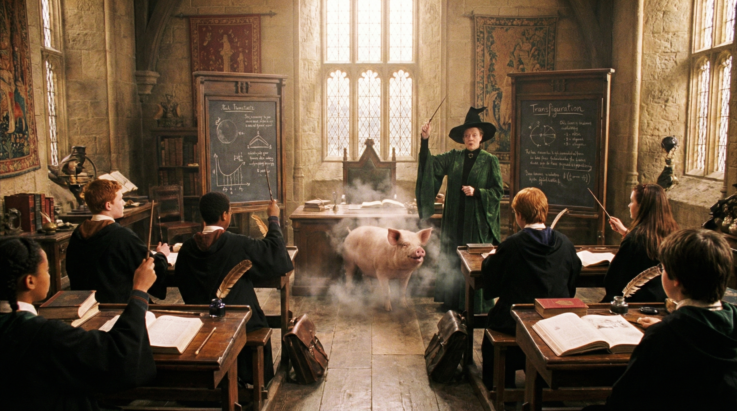 Hogwarts Transfiguration classroom with Professor McGonagall demonstrating object transformation