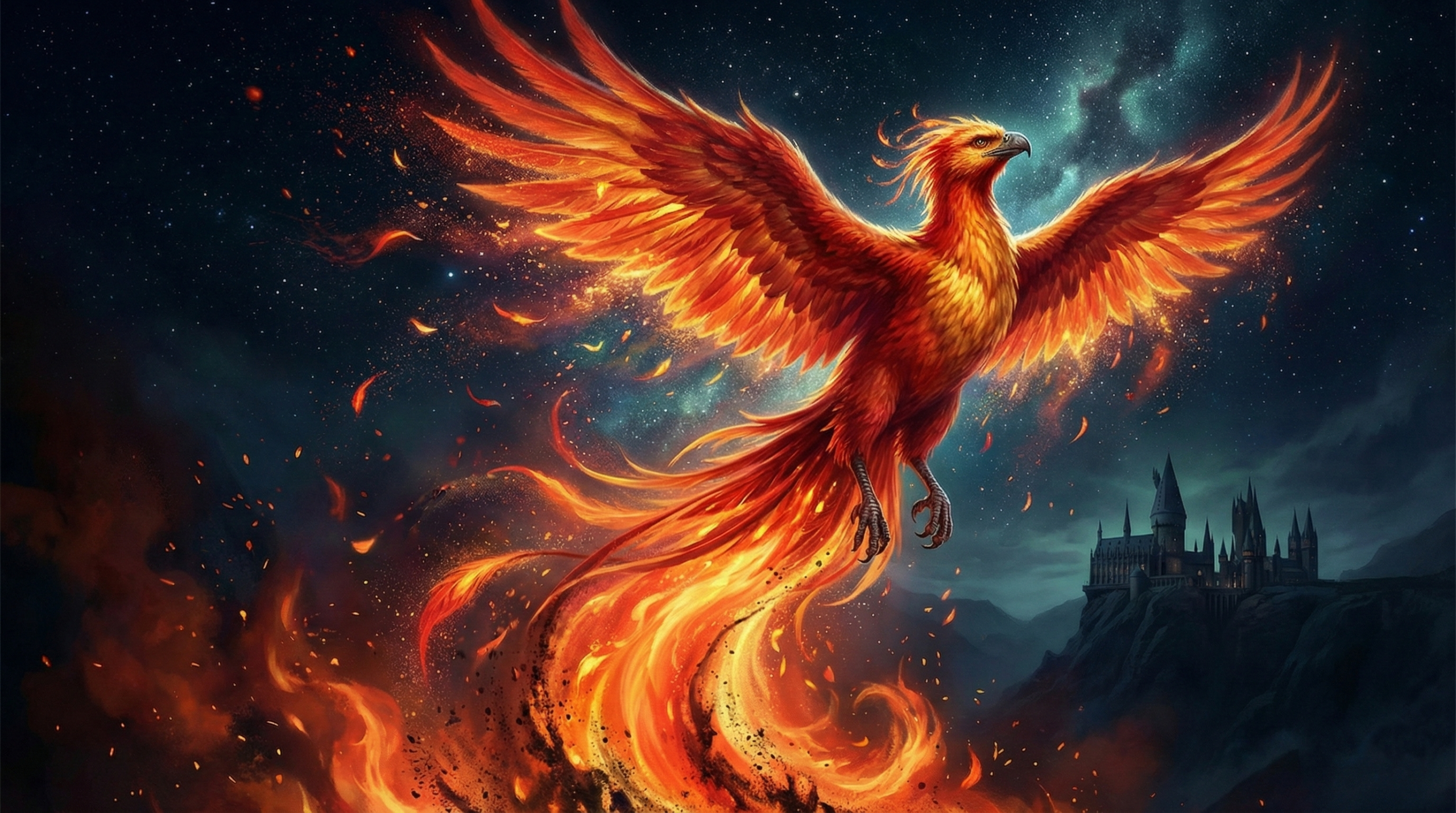A phoenix flying with glory in front of the Hogwarts at night.