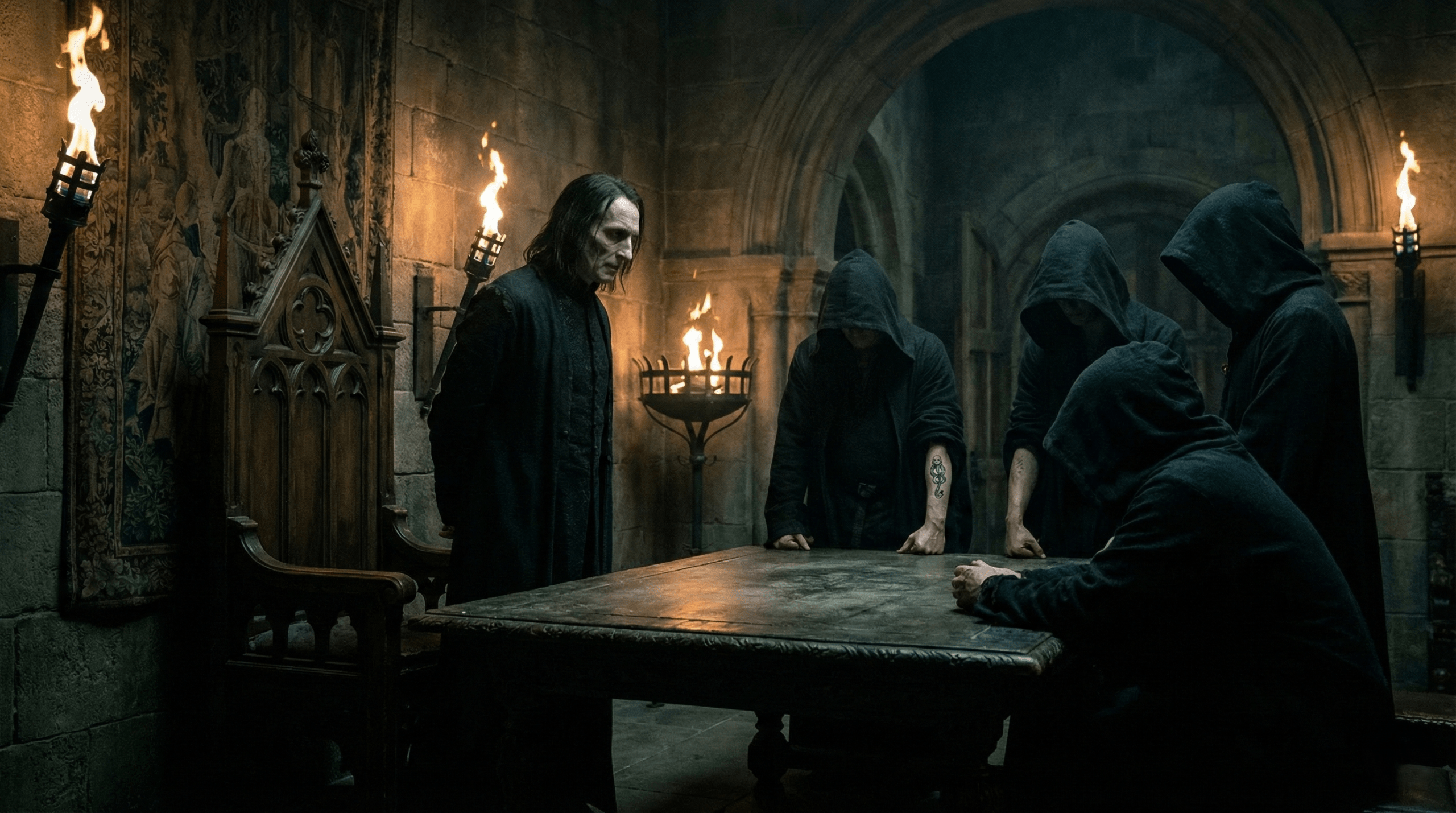 Antonin Dolohov with Voldemort and other Death Eaters in Harry Potter, highlighting alliances and relationships.