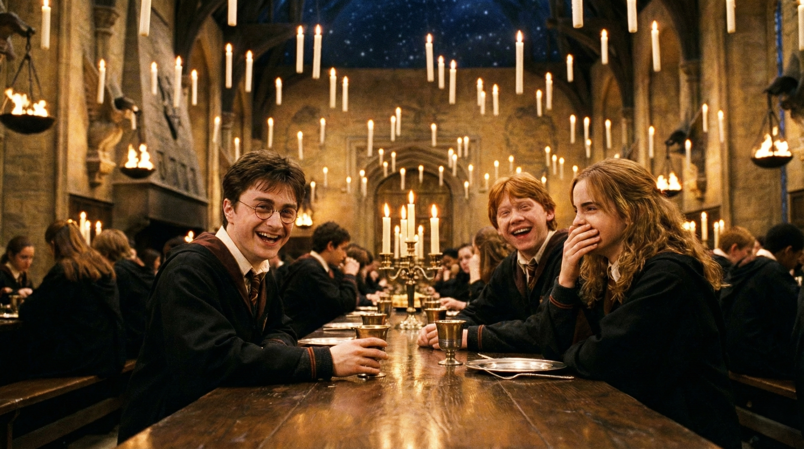 Laughing Harry, Ron, and Hermione in Hogwarts Great Hall magical atmosphere