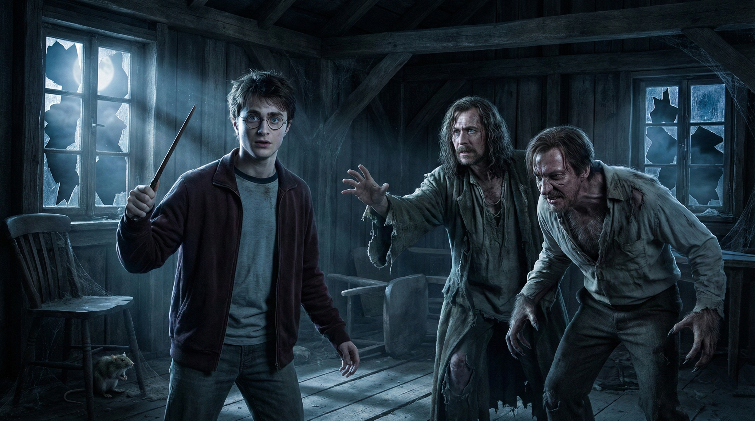 Shrieking Shack confrontation with Harry, Sirius, Lupin, and Pettigrew in Prisoner of Azkaban