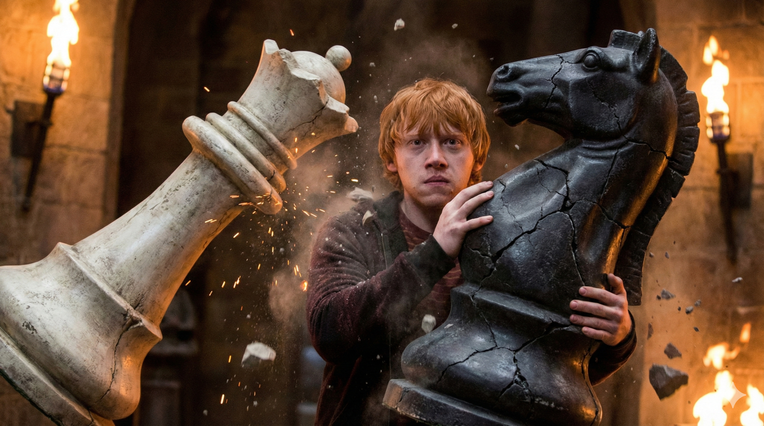 Ron Weasley sacrificing himself on the knight during the Harry Potter chess scene as white queen attacks