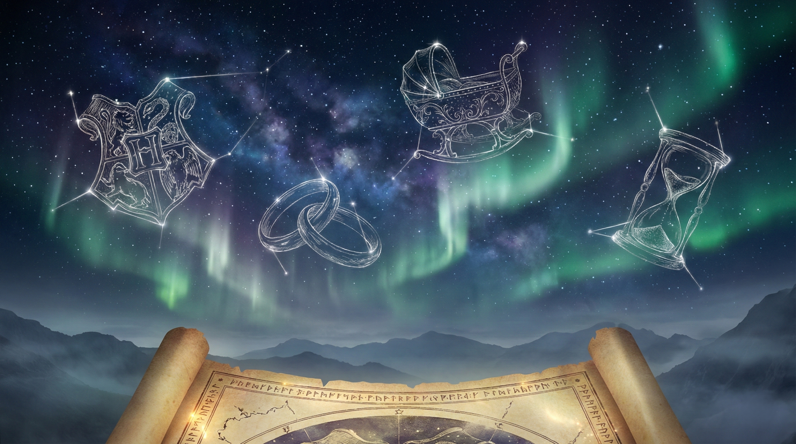 Celestial magical timeline map representing key moments in Astoria Greengrass's life in the Harry Potter universe