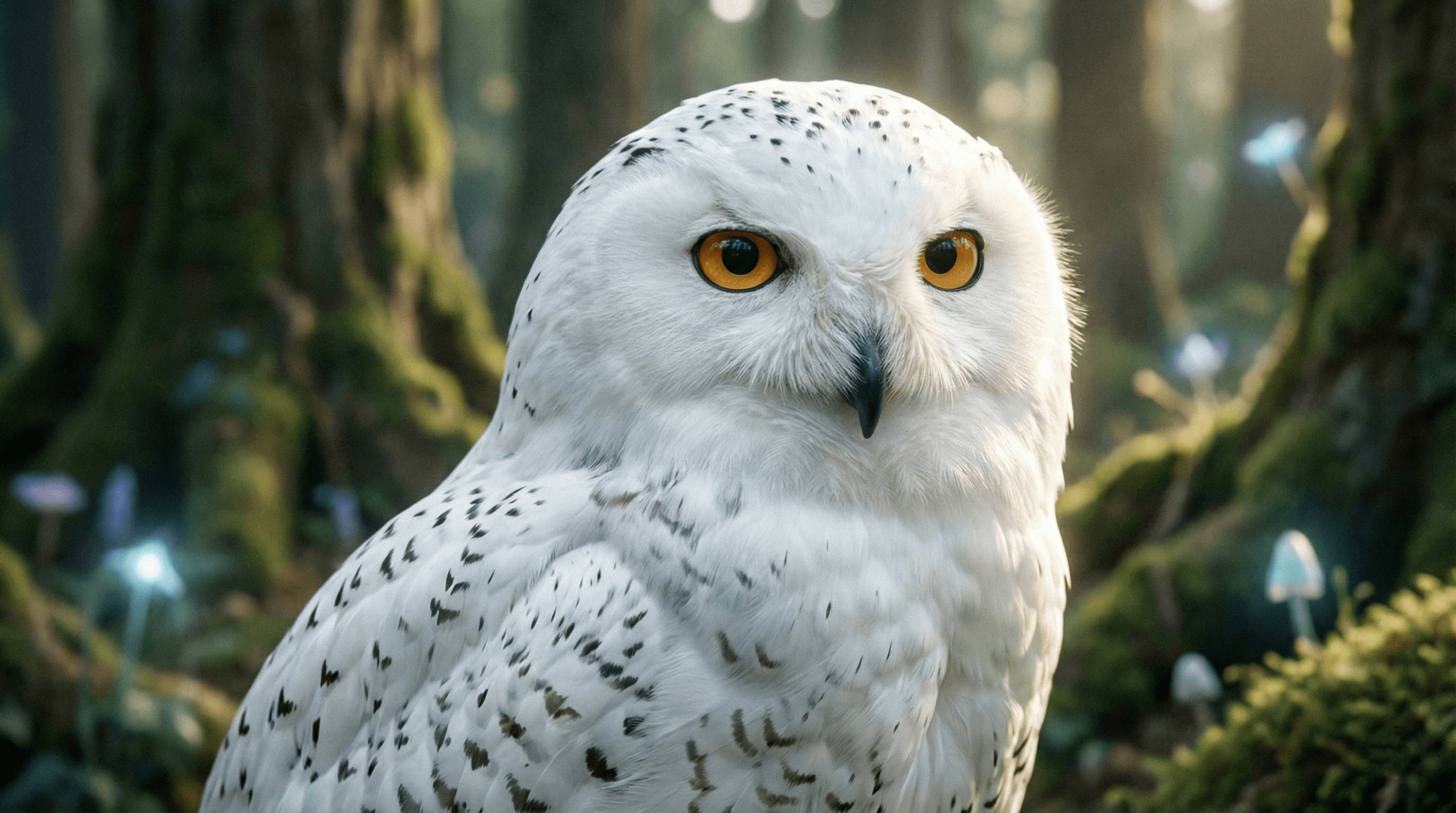 Majestic snowy owl portrait representing Hedwig from Harry Potter, showcasing white plumage and amber eyes.