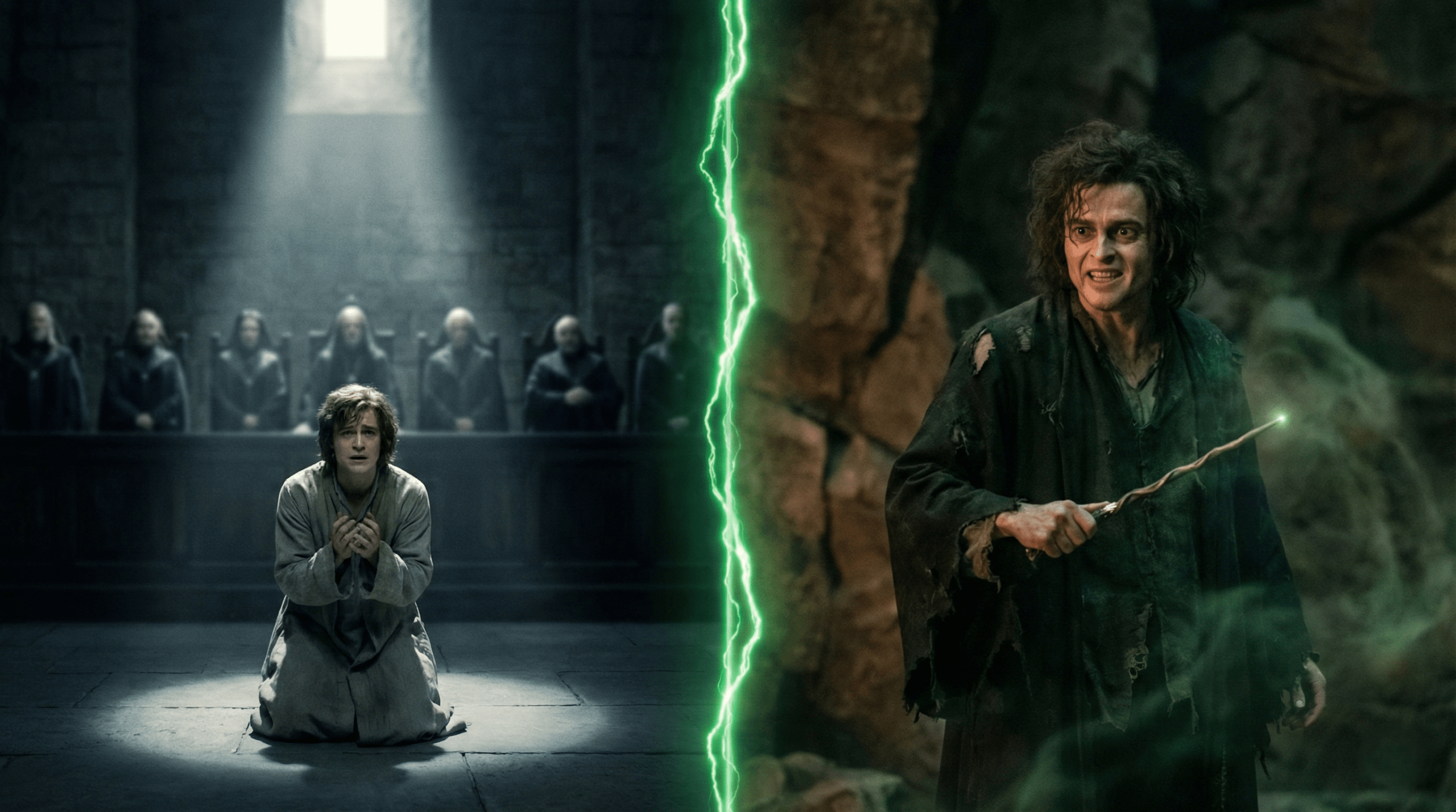 Book vs film comparison of Barty Crouch Jr. trial scene – pleading innocence vs defiant fanaticism in Harry Potter