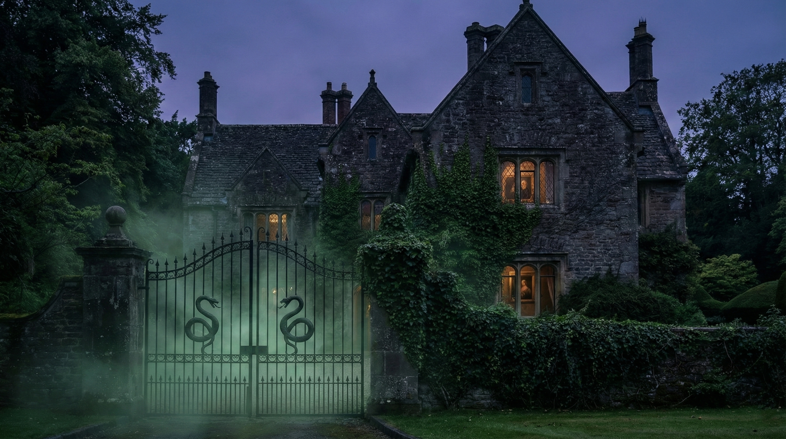Ancient Greengrass family manor shrouded in magical mist, representing pure-blood legacy in Harry Potter