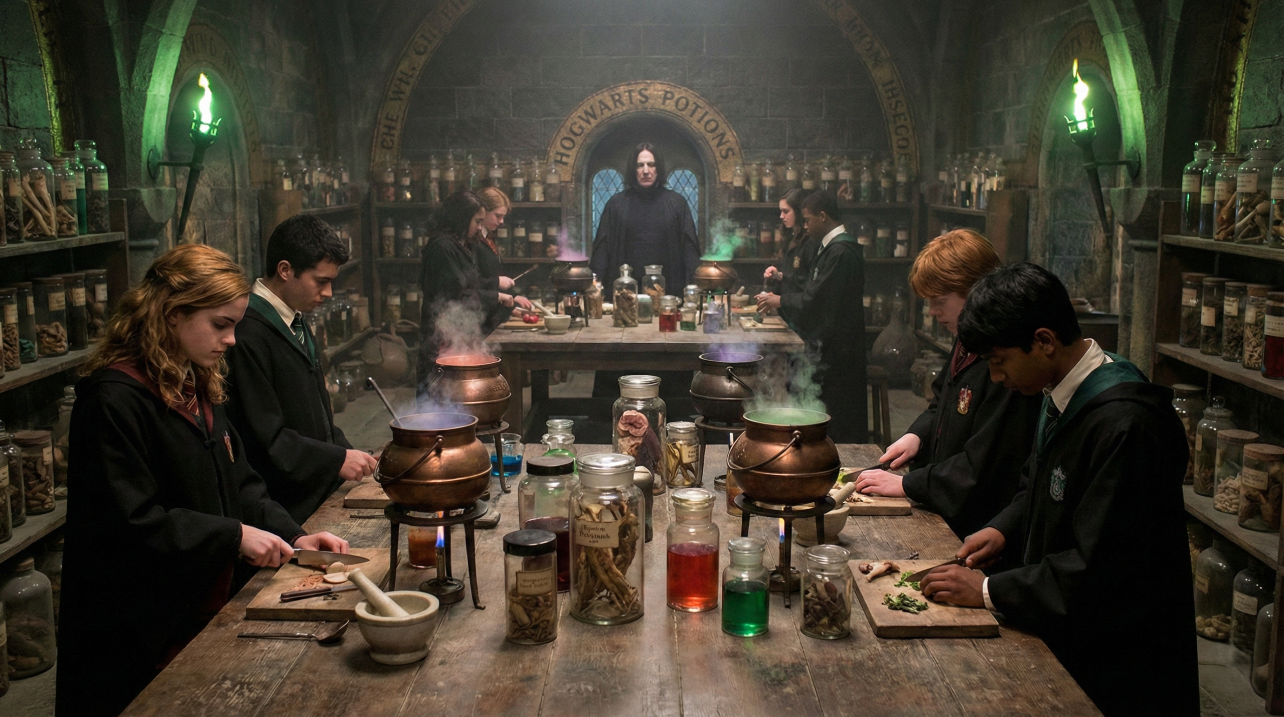 Hogwarts Potions classroom dungeon with cauldrons and brewing ingredients