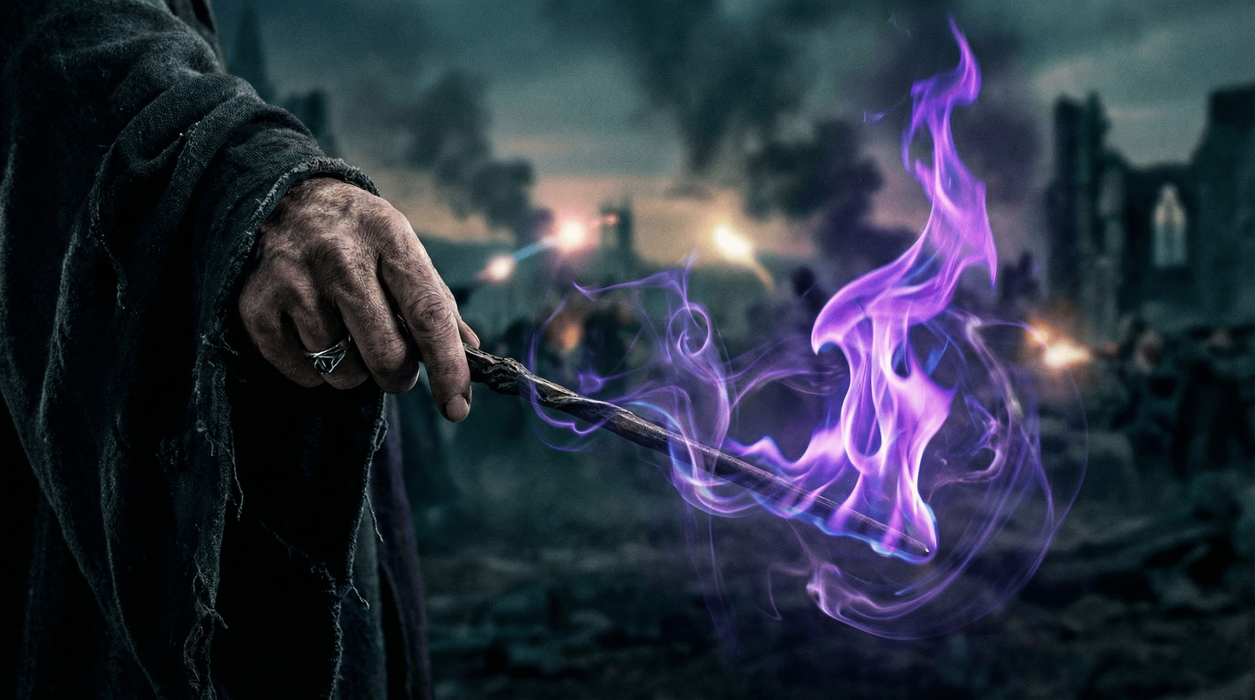Antonin Dolohov's signature purple flame curse spell in Harry Potter, showcasing his dark magic abilities.