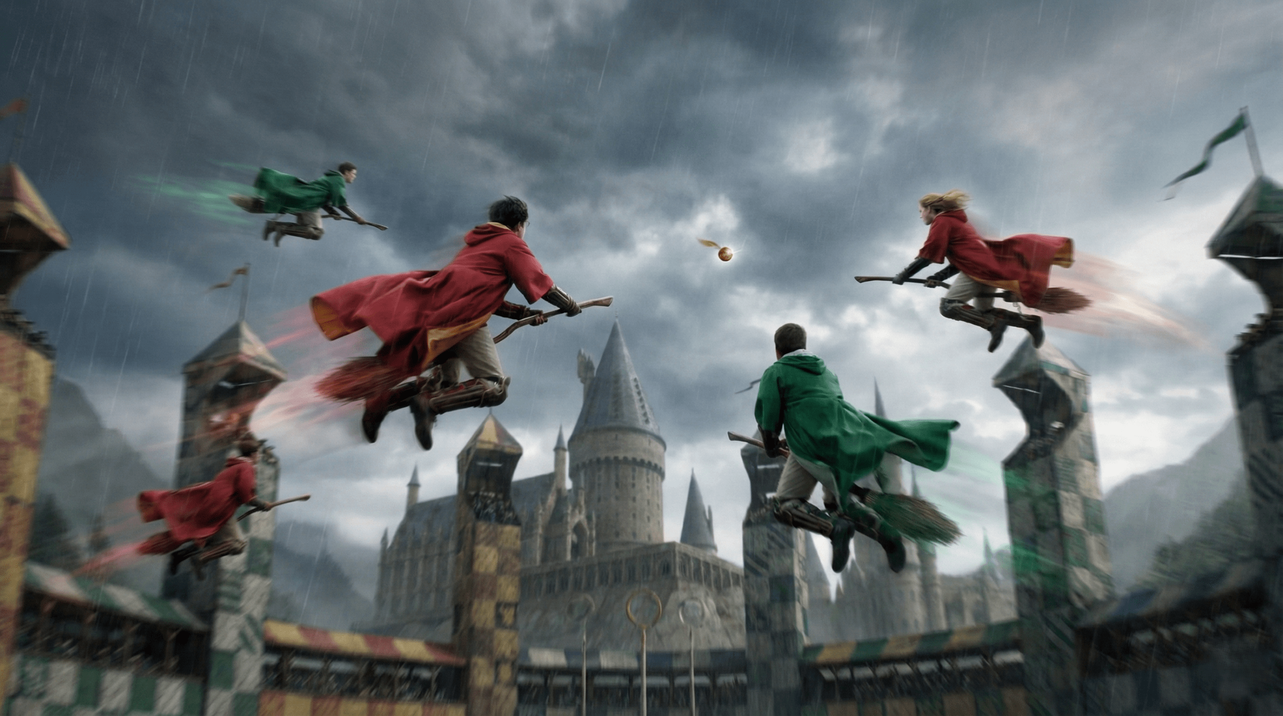 Exciting Quidditch match action with flying broomsticks and golden snitch