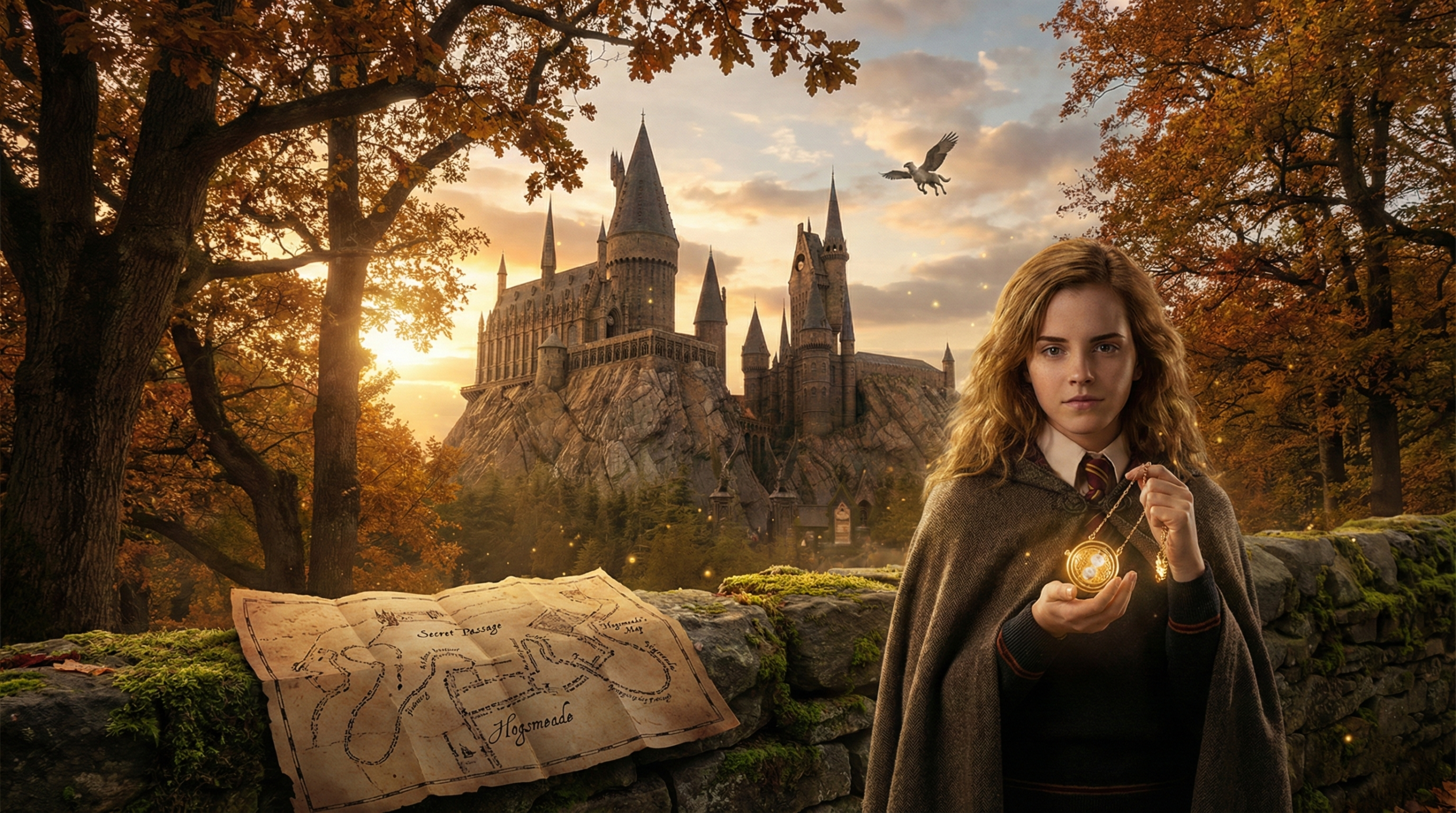 Time-Turner and Marauder's Map magic elements with Hogwarts backdrop from Prisoner of Azkaban