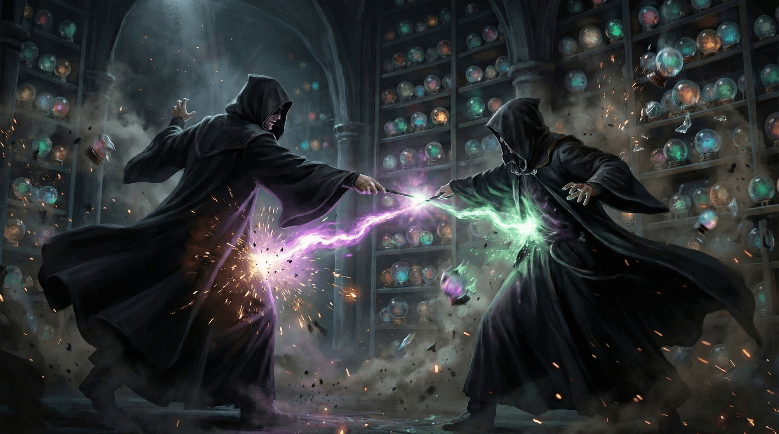 Antonin Dolohov dueling in the Battle of the Department of Mysteries from Harry Potter and the Order of the Phoenix.