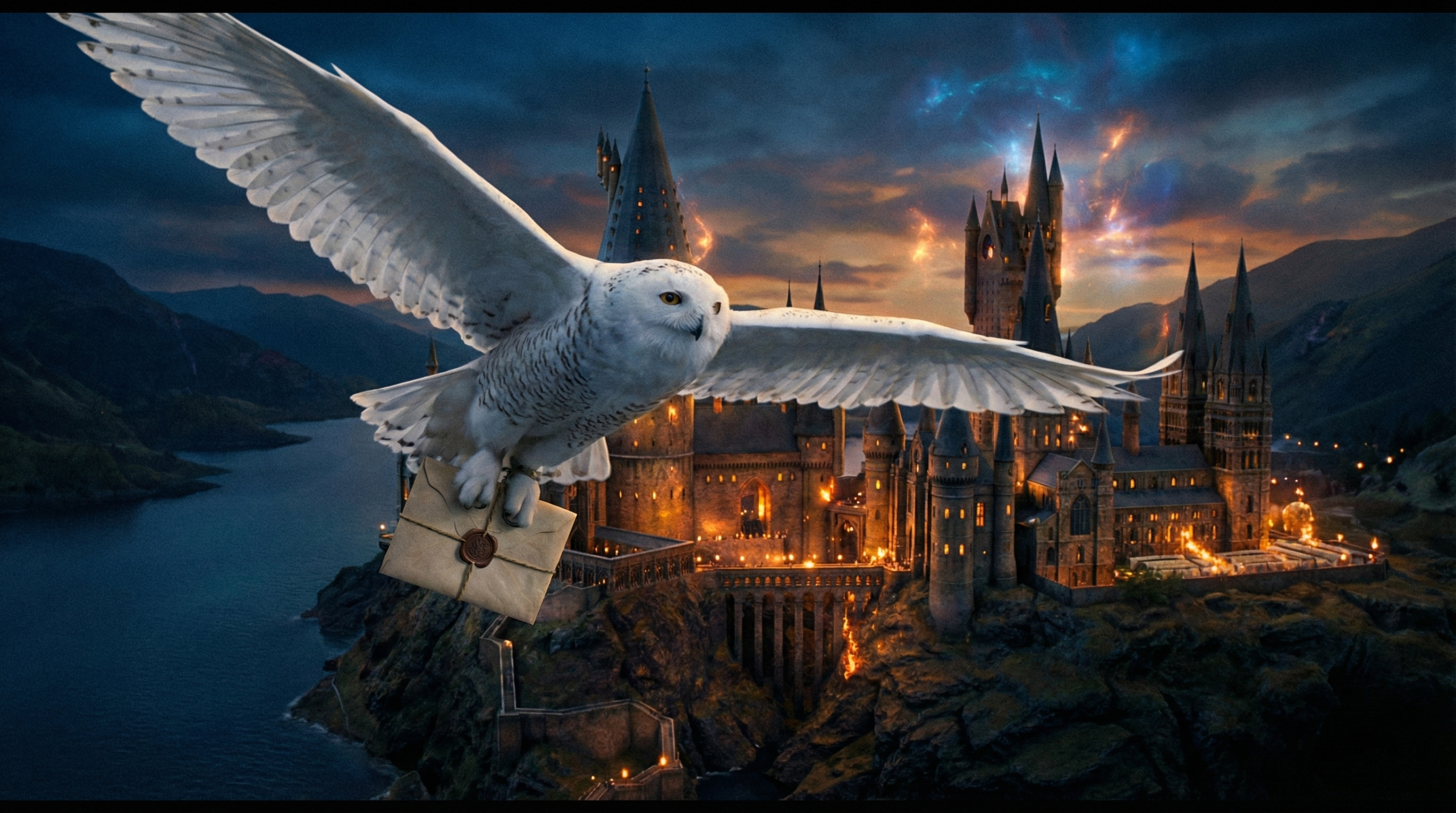Hedwig the snowy owl flying and delivering a letter over Hogwarts, symbolizing loyalty in Harry Potter.